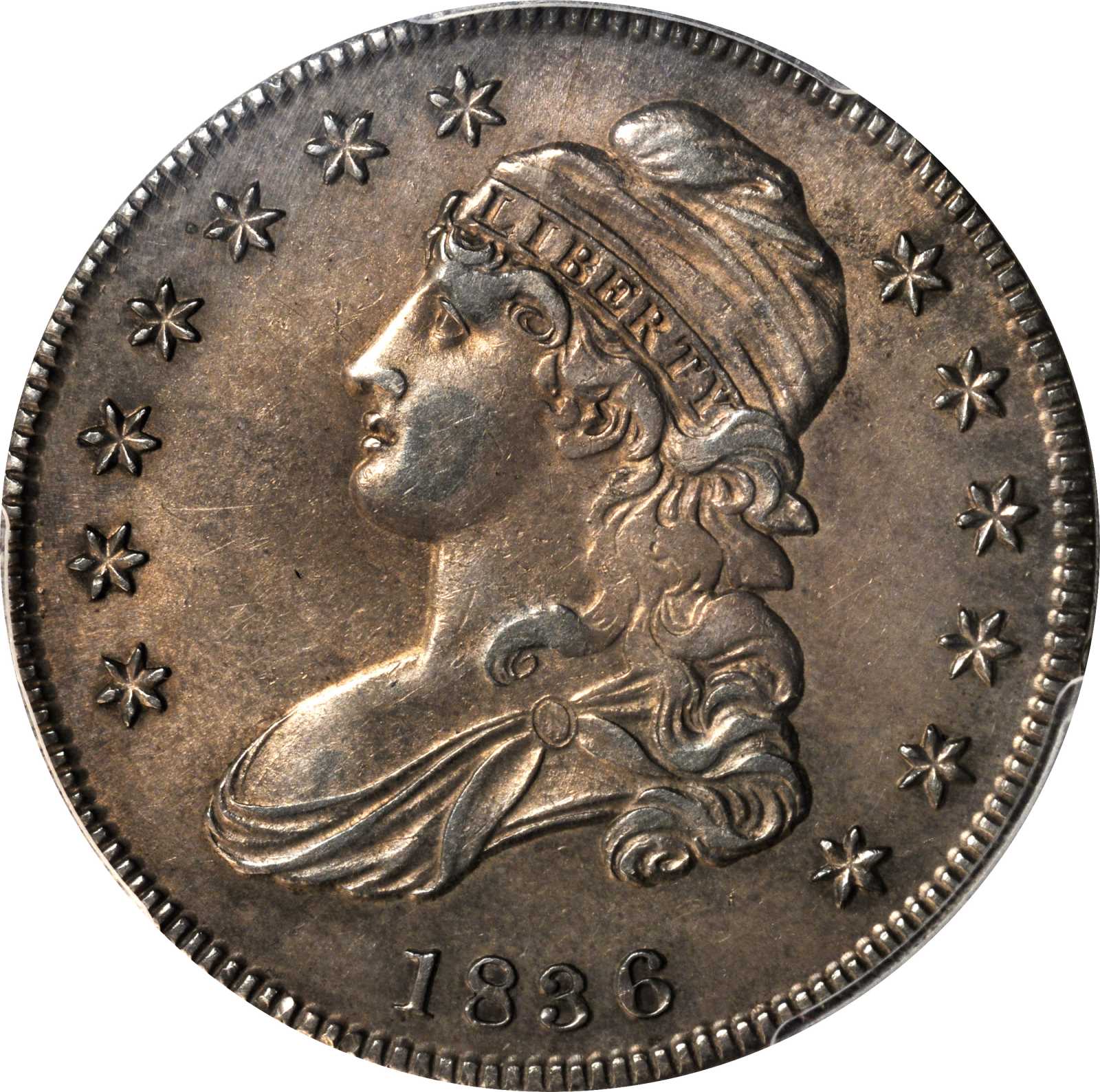 image for: 1836 Capped Bust Half Dollar. Lettered Edge. O-101. Rarity-1. AU Details--Questionable Color (PCGS)