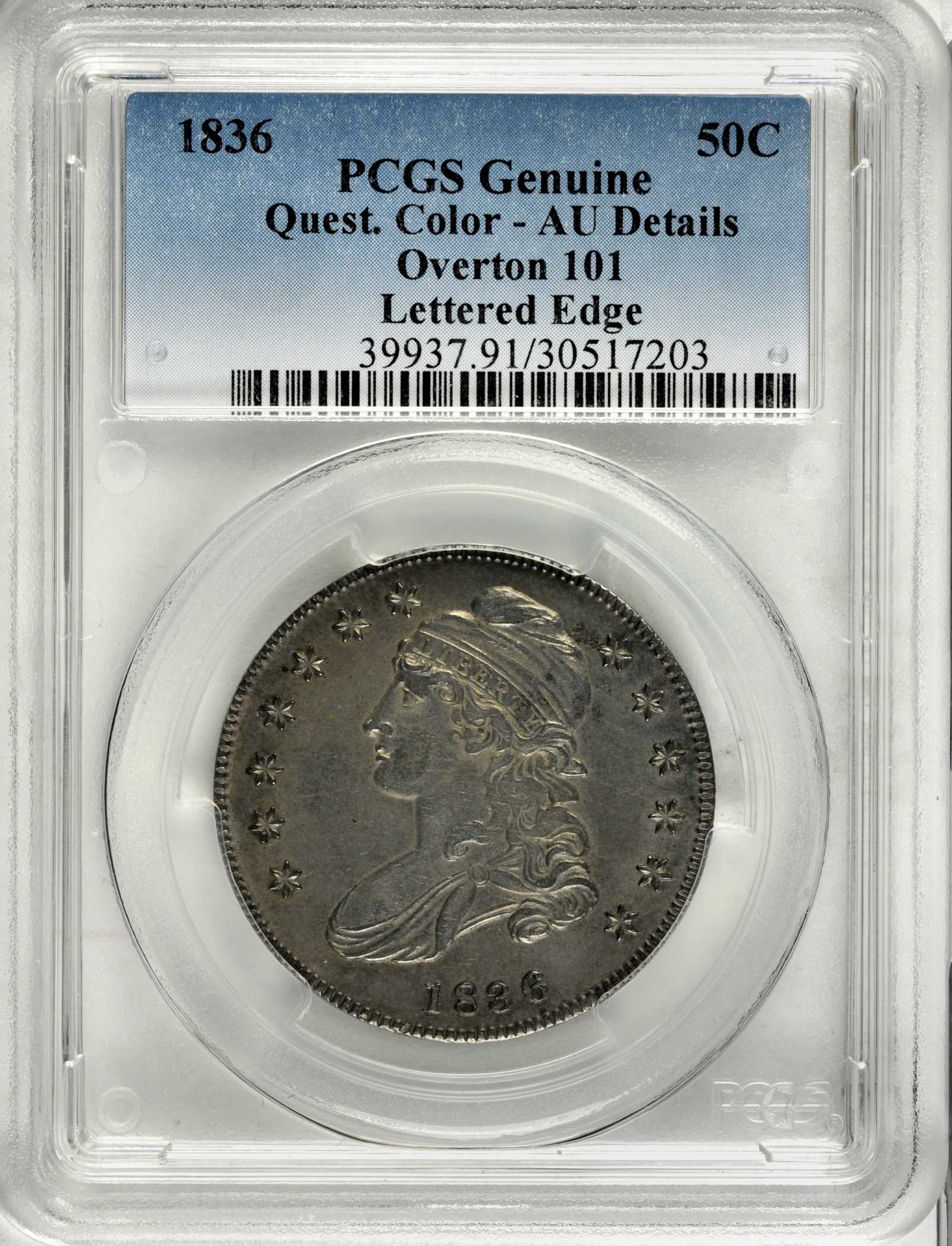 image for: 1836 Capped Bust Half Dollar. Lettered Edge. O-101. Rarity-1. AU Details--Questionable Color (PCGS)