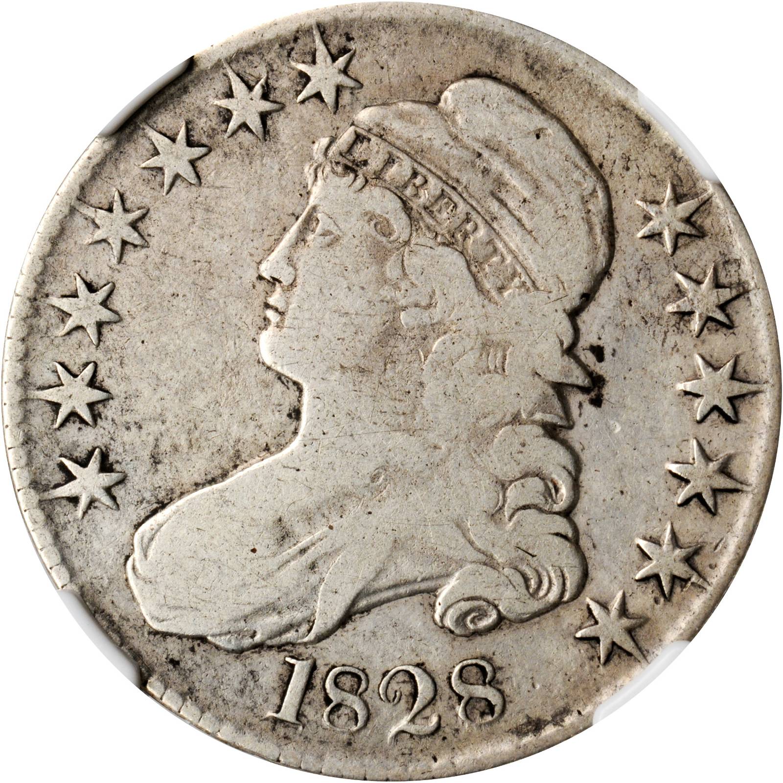 image for: 1828 Capped Bust Half Dollar. O-105. Rarity-5. Curl Base No Knob 2. VG Details--Improperly Cleaned (NGC).