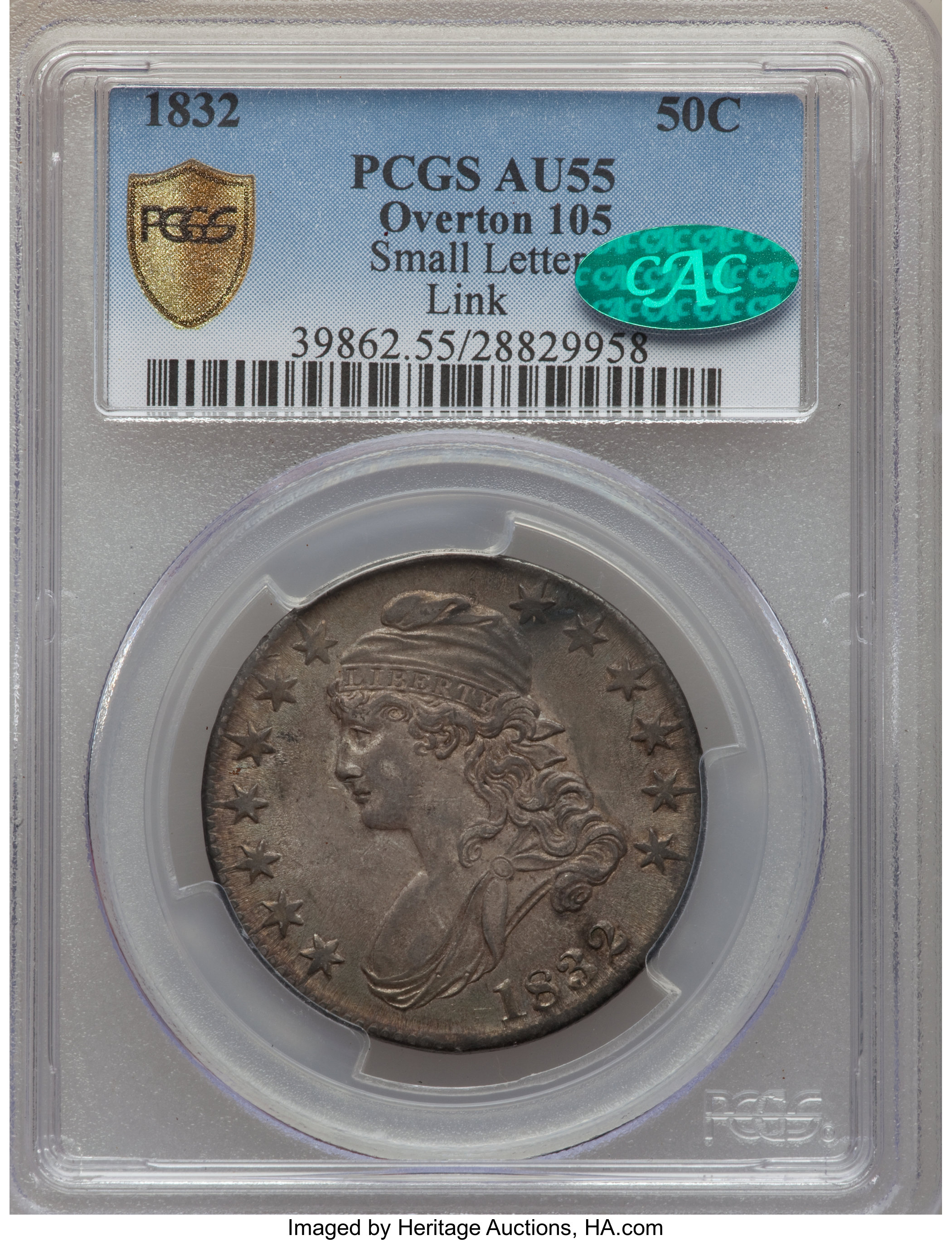 image for: 1832 50C Small Letters, O-105, AU55 PCGS Secure. CAC. Ex: Link. PCGS Population (1/3 and 0/0+). NGC Census: (0/2 and 0/0+)....