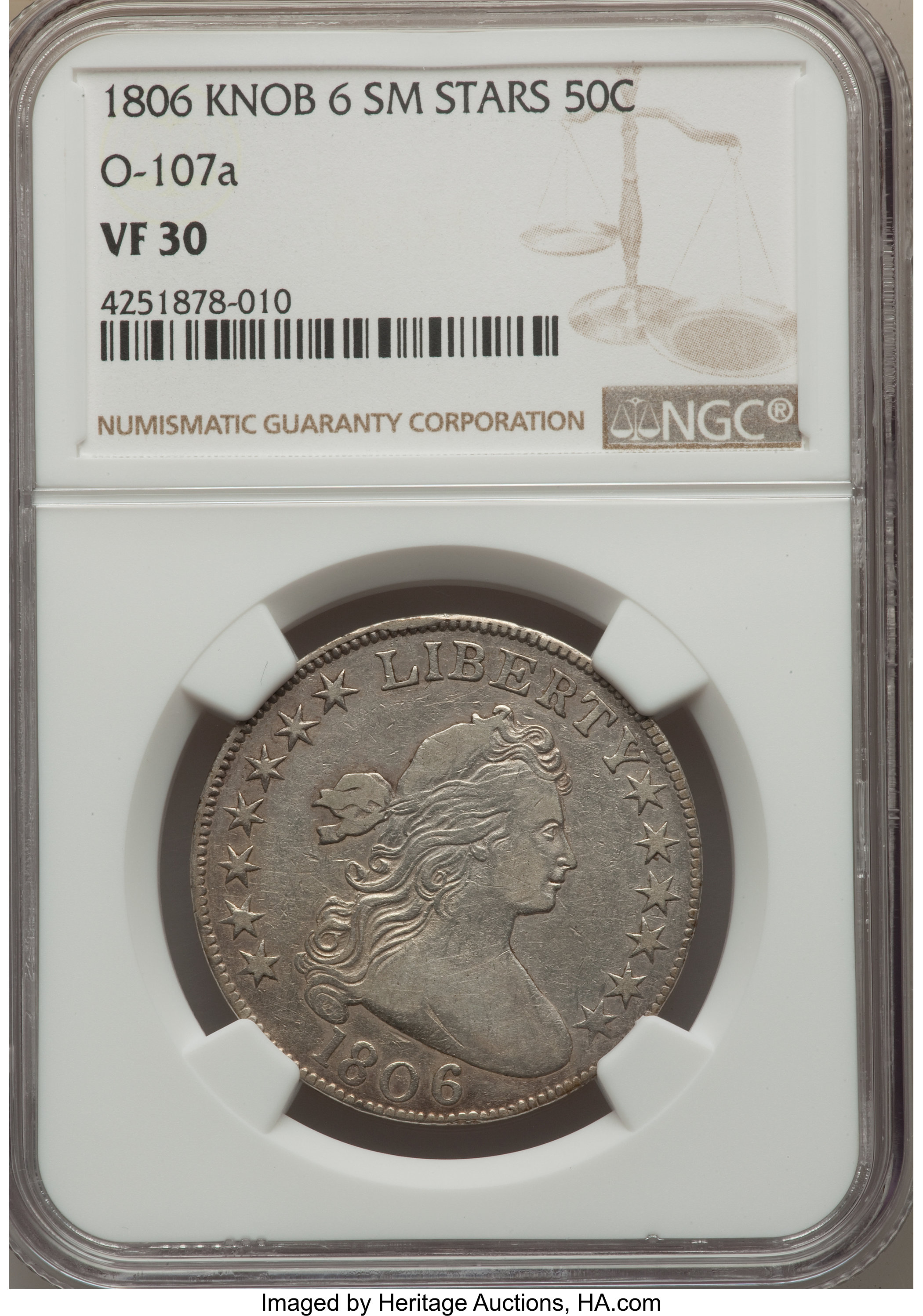 image for: 1806 50C Knob 6, Small Stars, O-107a, T-3, High R.4, VF30 NGC....