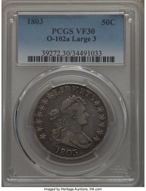 image for: 1803 50C Large 3, Small Reverse Stars, O-102a, T-2, High R.3, VF30 PCGS. PCGS Population: (2/3). NGC Census: (0/4). ...