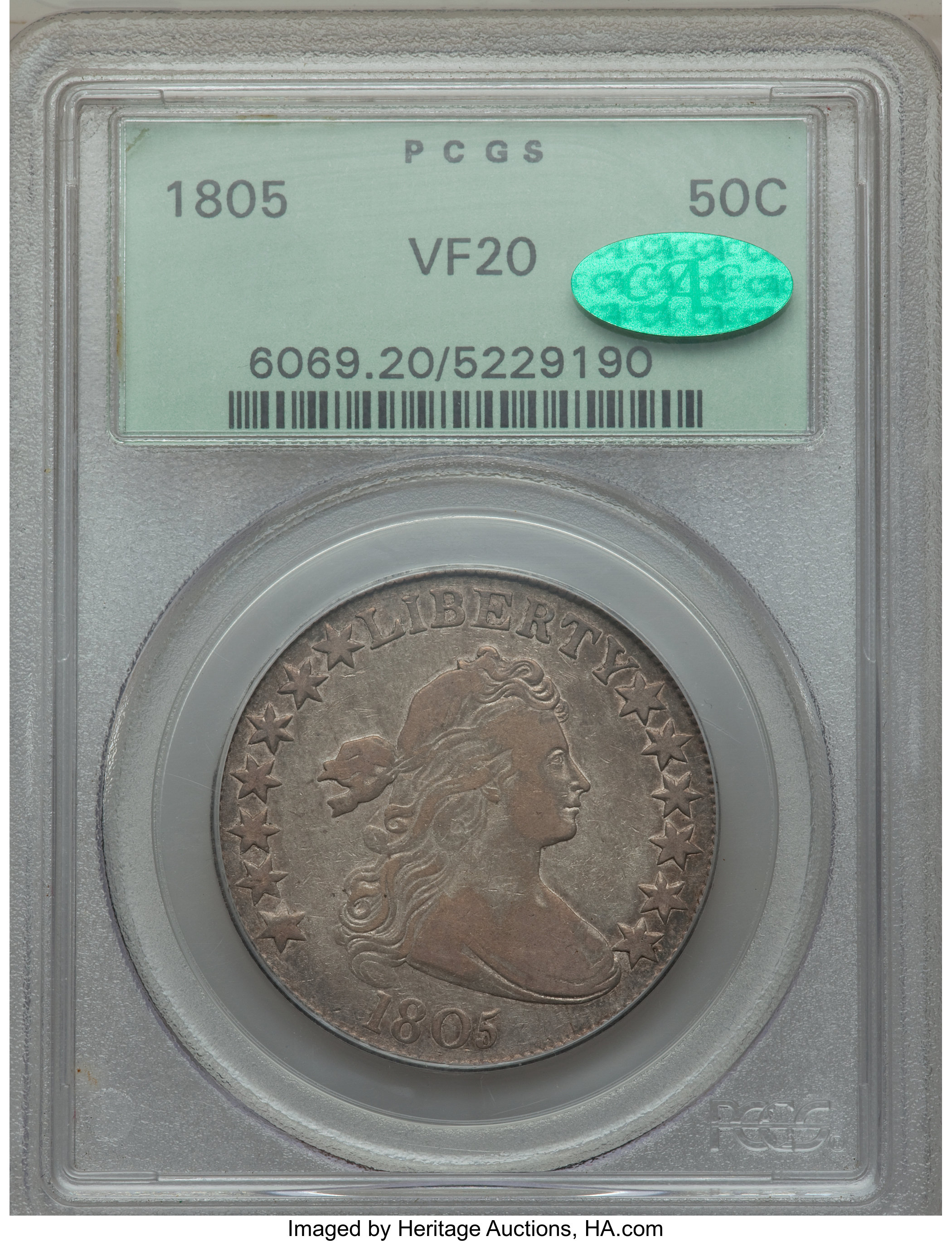 image for: 1805 50C O-109a, T-14, Low R.4, VF20 PCGS. CAC. PCGS Population: (2/5). NGC Census: (2/7). VF20. From The Merrill Col...