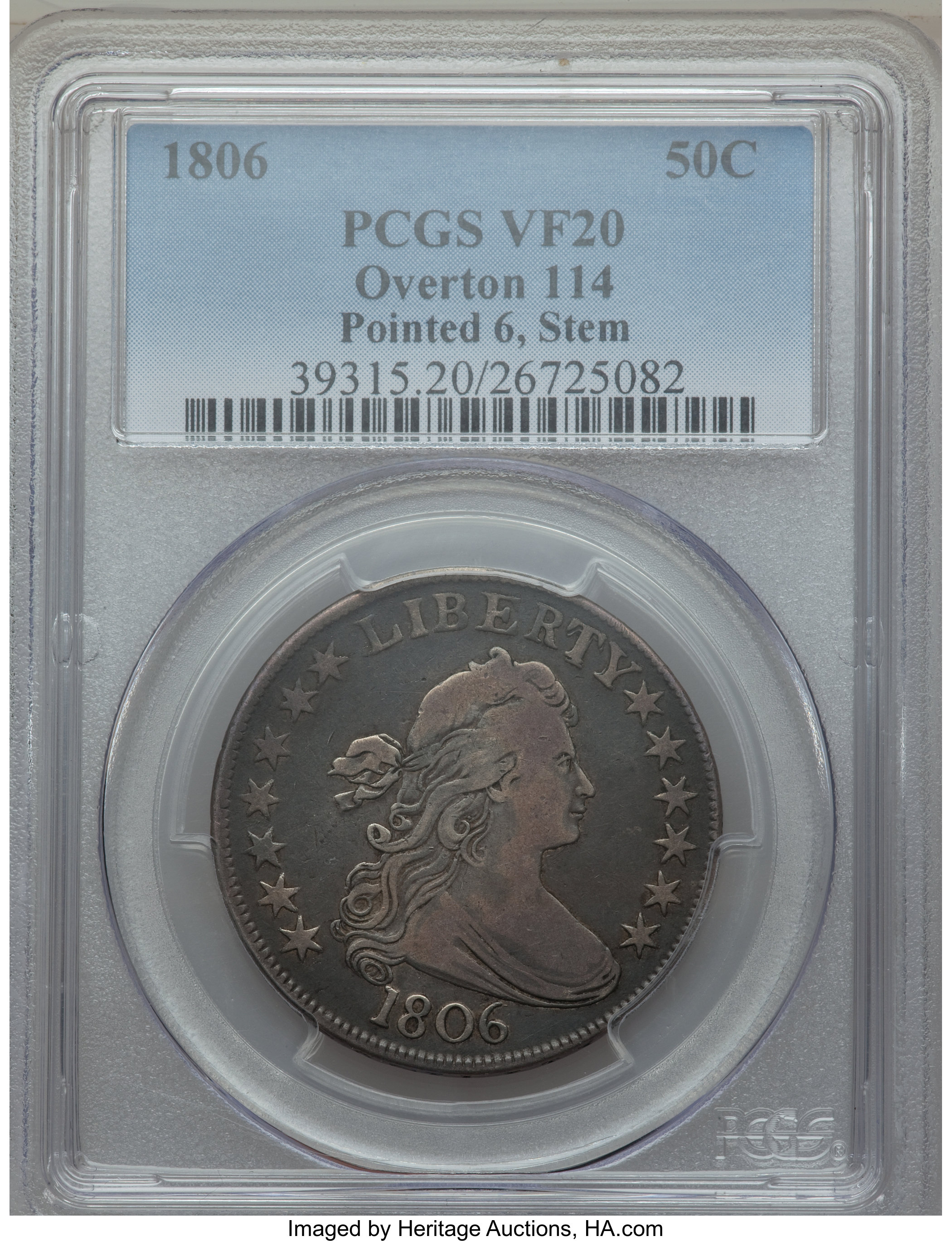 image for: 1806 50C Pointed 6, Stem, O-114, T-16, R.5, VF20 PCGS. PCGS Population: (1/5). NGC Census: (0/5). VF20. From The Merr...