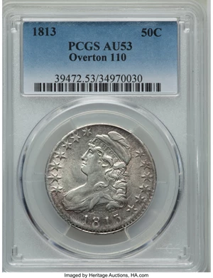 image for: 1813 50C O-110, R.1, AU53 PCGS. PCGS Population: (2/5). NGC Census: (2/5). AU53. Mintage 1,241,903. From The Property...