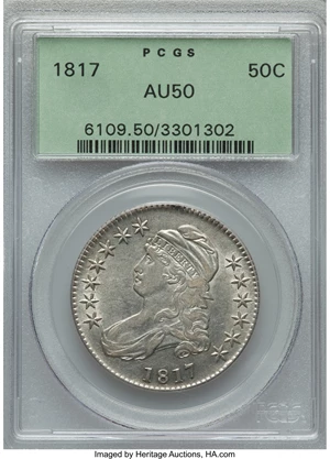 image for: 1817 50C O-110, R.2, AU50 PCGS. PCGS Population: (1/12). NGC Census: (3/10). AU50. Mintage 1,215,567. From The Merril...