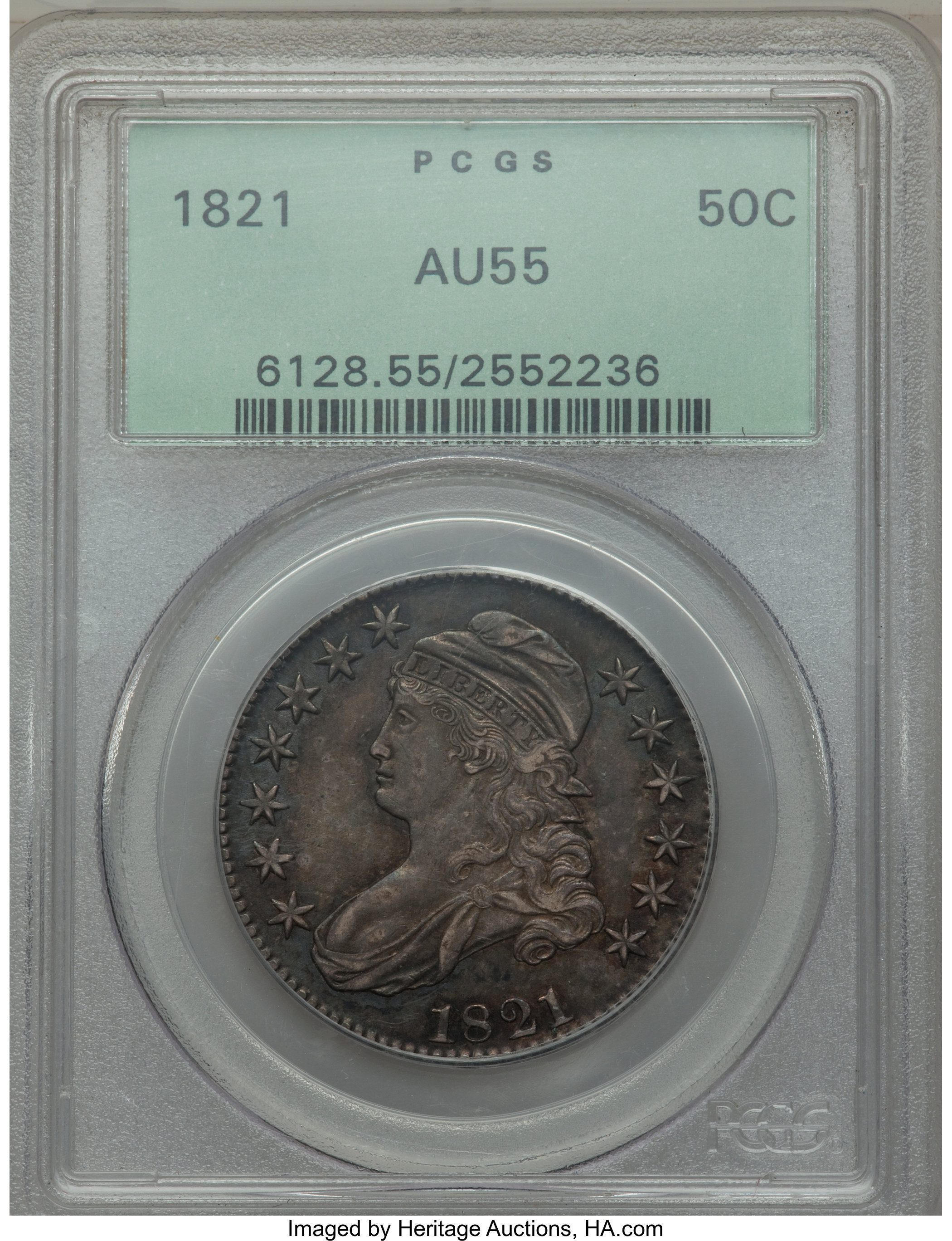 image for: 1821 50C O-103, R.2, AU55 PCGS. PCGS Population: (0/7). NGC Census: (3/12). AU55. Mintage 1,305,797. From The Merrill...