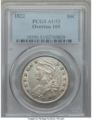 image for: 1822 50C O-105, R.3, AU53 PCGS. PCGS Population: (1/7). NGC Census: (1/10). AU53. Mintage 1,559,573. From The Merrill...