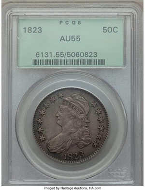 image for: 1823 50C O-104, R.3, AU55 PCGS. PCGS Population: (3/3). NGC Census: (6/5). AU55. Mintage 1,694,200. From The Merrill ...
