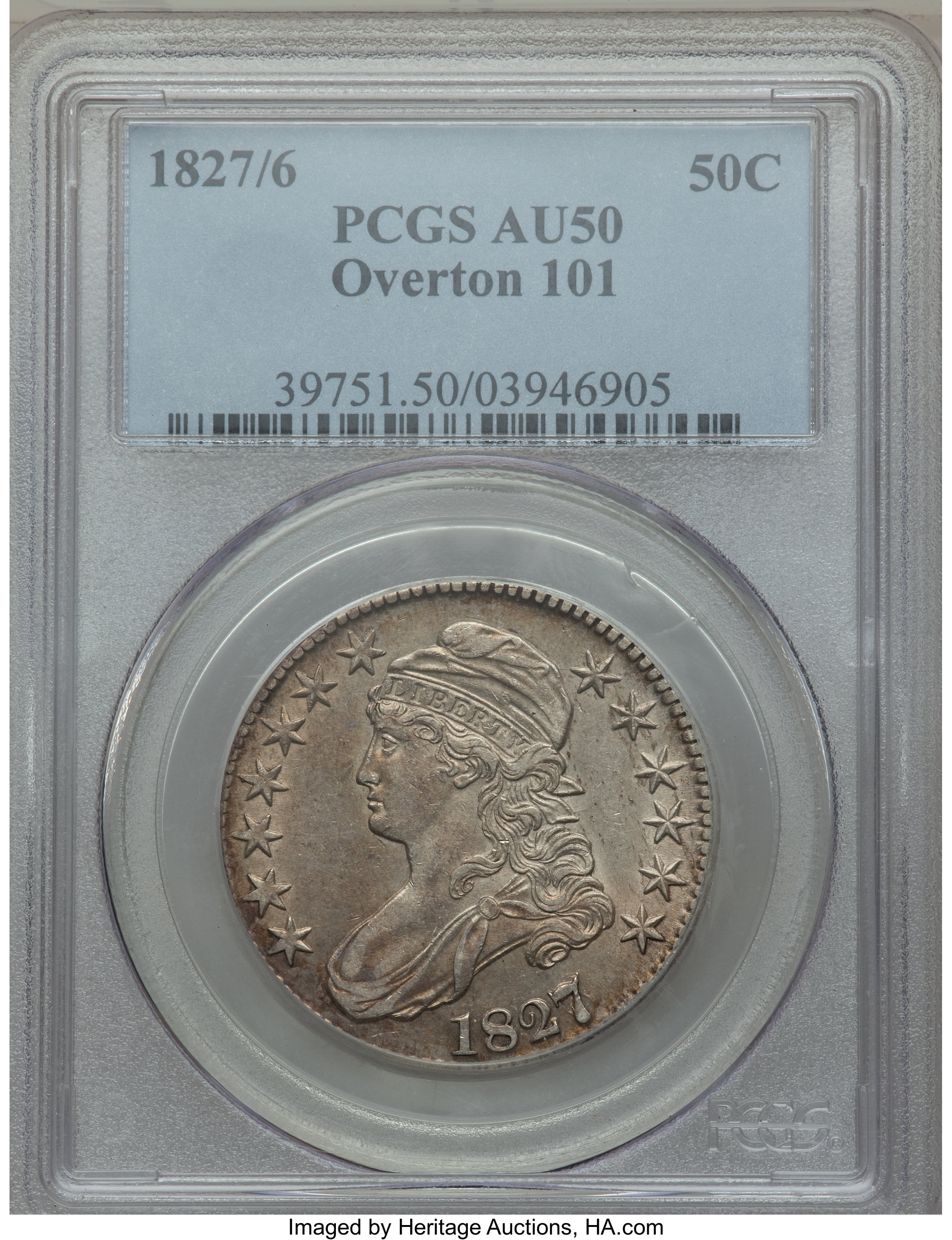 image for: 1827/6 50C O-101, R.2, AU50 PCGS. PCGS Population: (2/10). NGC Census: (2/20). AU50. Mintage 5,493,400. From The Merr...