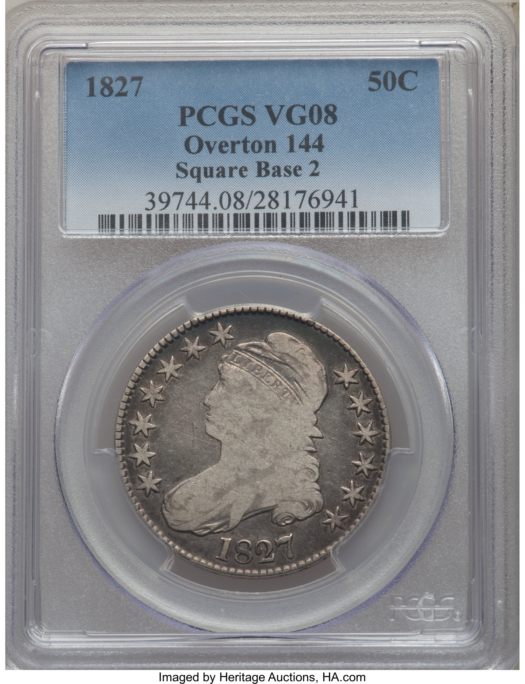 image for: 1827 50C Square Base 2, O-144, High R.5, VG8 PCGS. PCGS Population: (3/14). NGC Census: (0/4). VG8 . Mintage 5,493,400. ...