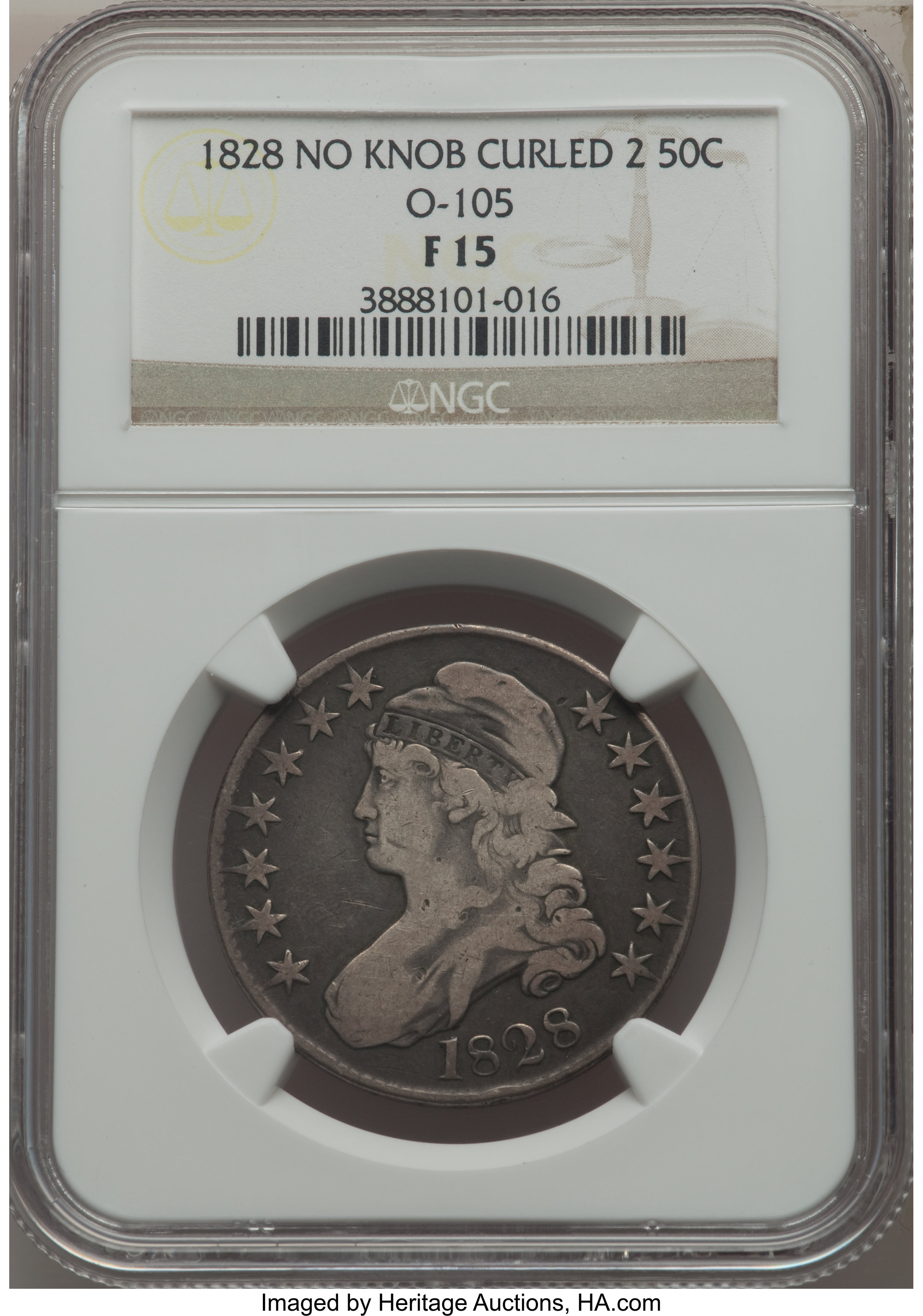 image for: 1828 50C Curl Base 2, No Knob, O-105, R.5, Fine 15 NGC. NGC Census: (1/5). PCGS Population: (1/10).  Mintage 3,075,200. ...