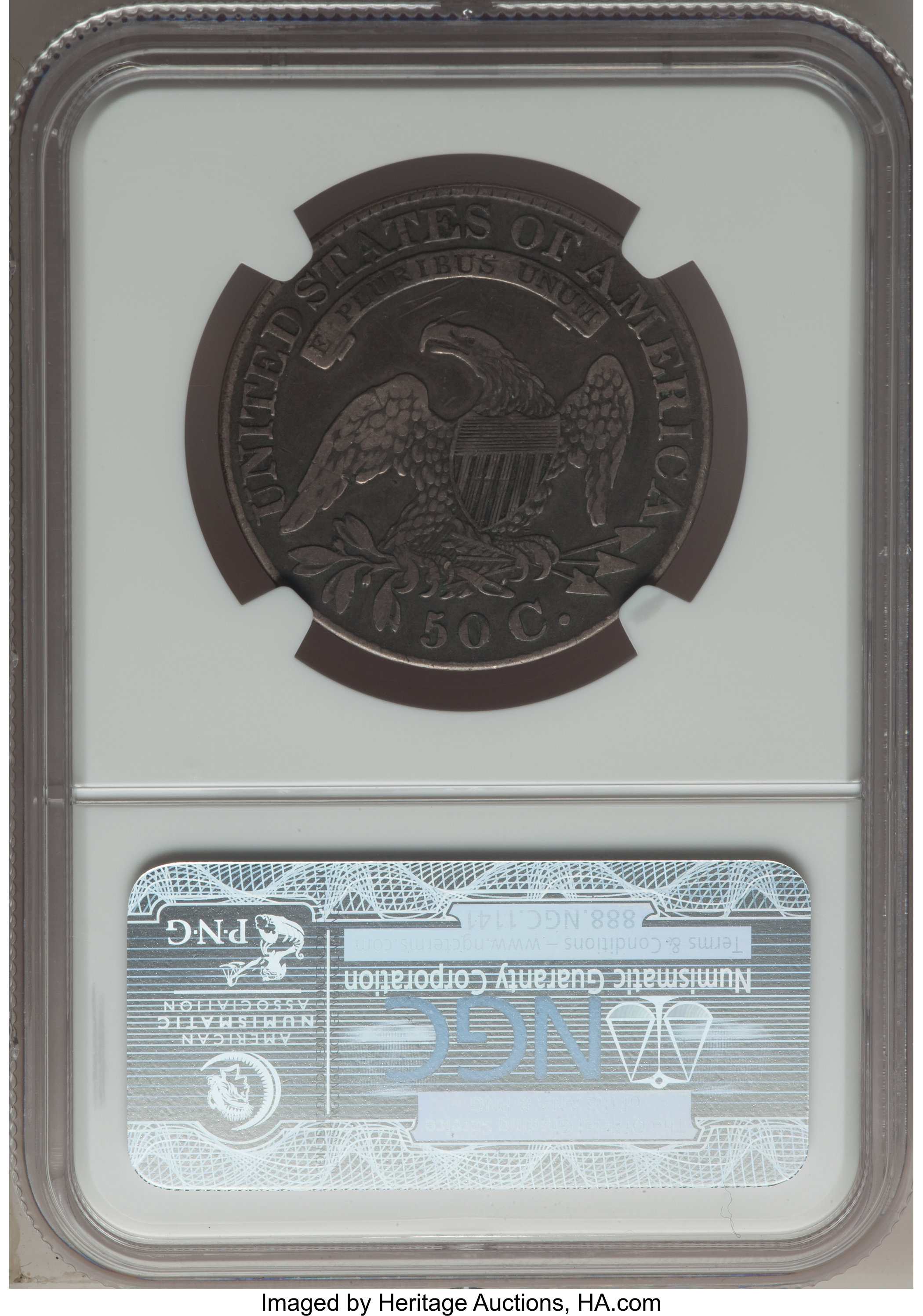 image for: 1828 50C Curl Base 2, No Knob, O-105, R.5, Fine 15 NGC. NGC Census: (1/5). PCGS Population: (1/10).  Mintage 3,075,200. ...
