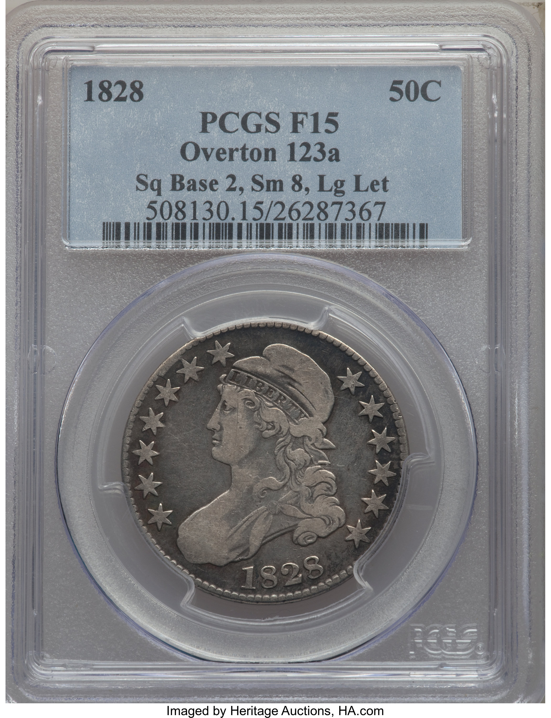 image for: 1828 50C Square Base 2, Small 8s, Large Letters, O-123a, R.5, Fine 15 PCGS. PCGS Population: (1/8). NGC Census: (0/1).  ...