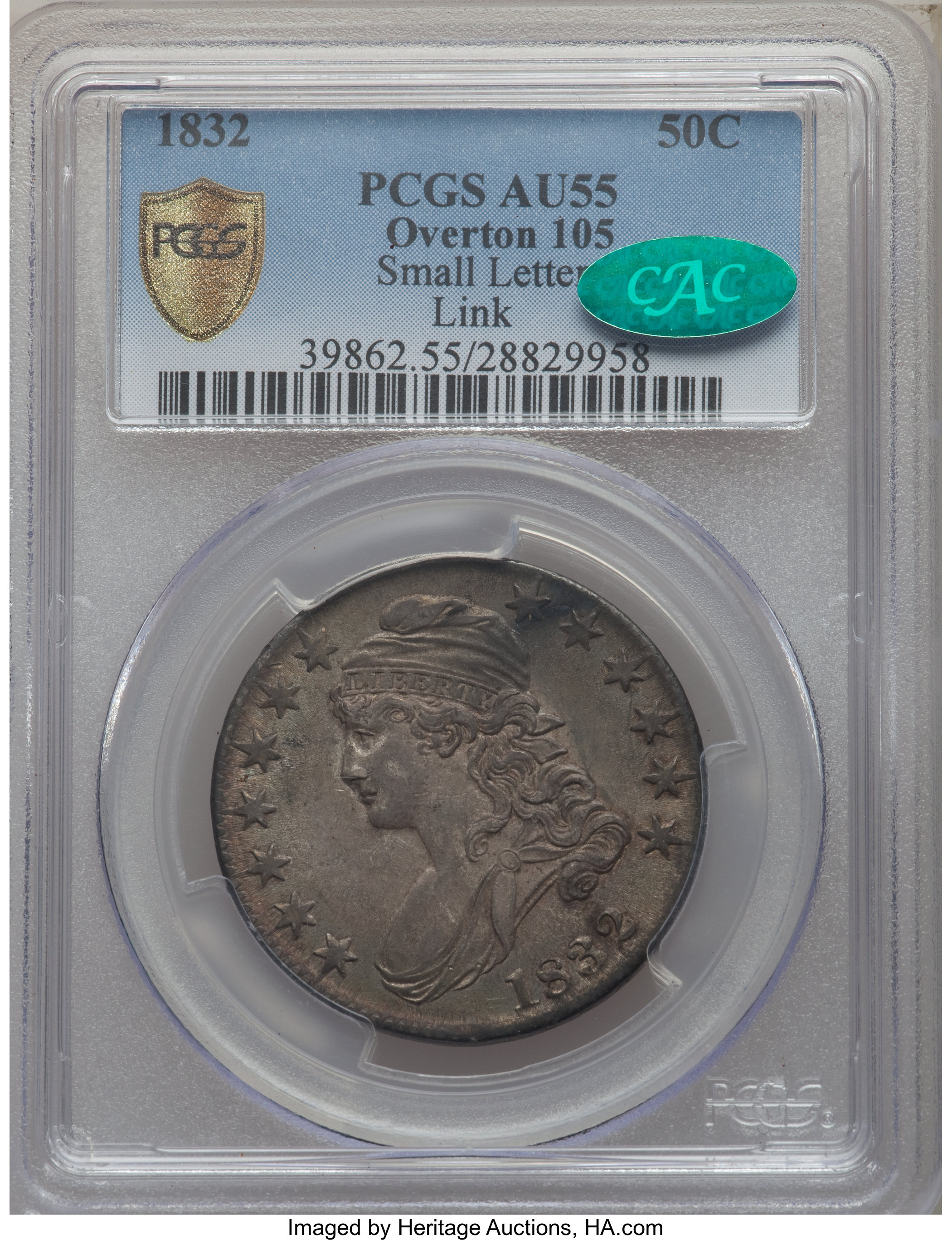 image for: 1832 50C Small Letters, O-105, R.3, AU55 PCGS Secure. CAC. PCGS Population: (1/3 and 0/0+). NGC Census: (0/3 and 0/0+). AU5...