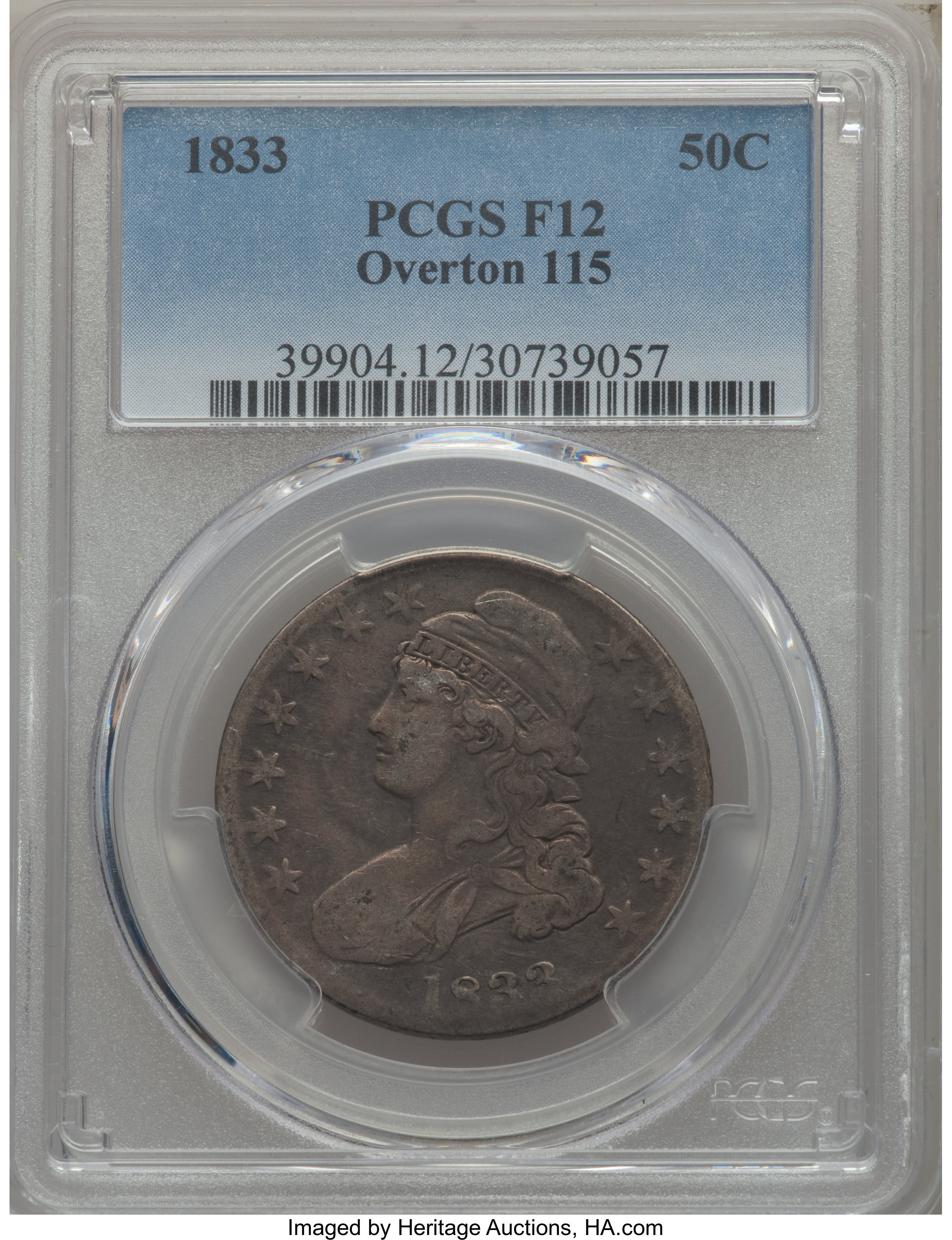 image for: 1833 50C O-115, High R.5, Fine 12 PCGS. PCGS Population: (2/10). NGC Census: (0/1). Fine 12. Mintage 5,206,000. From ...