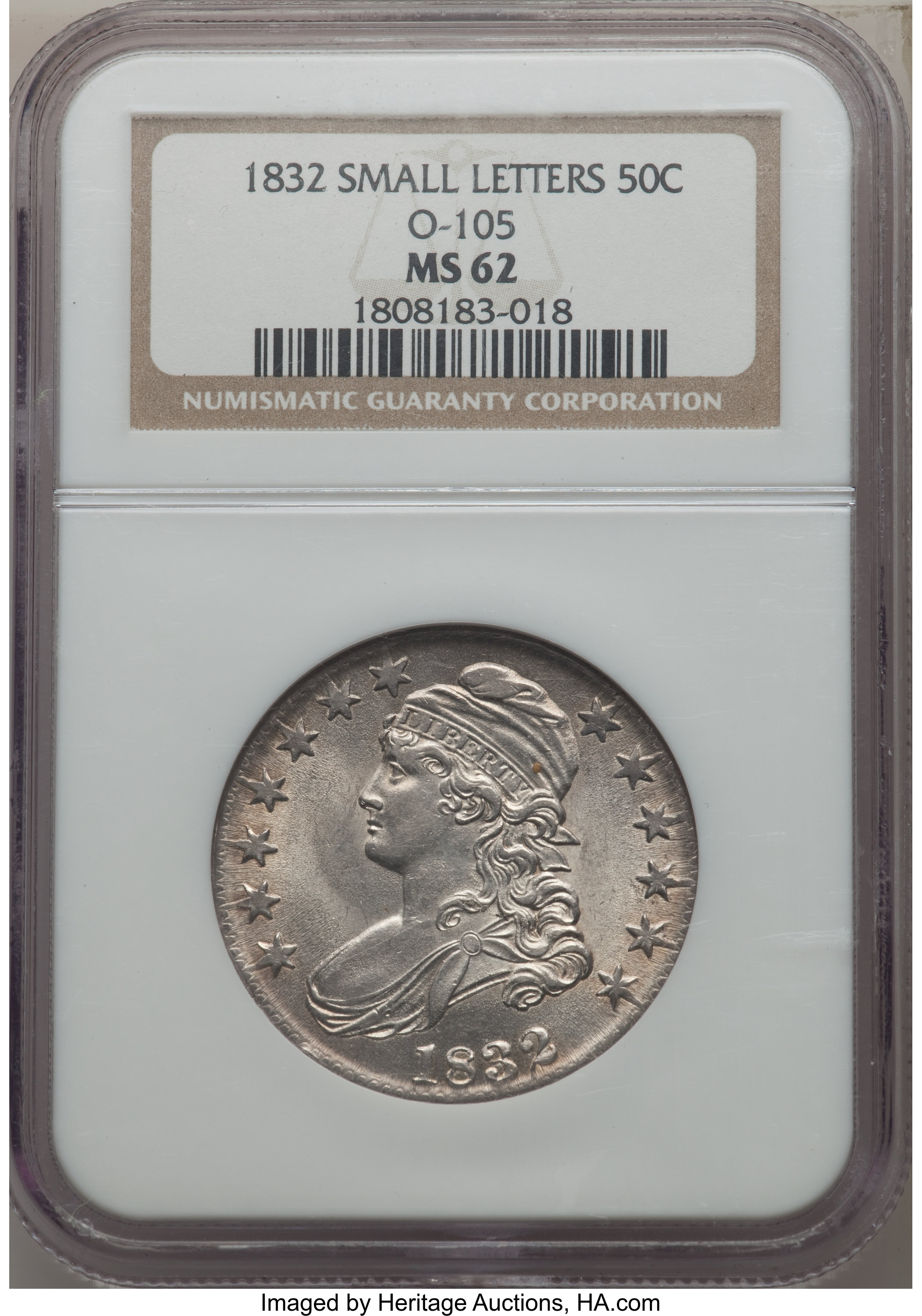 image for: 1832 50C Small Letters, O-105, R.3, MS62 NGC....