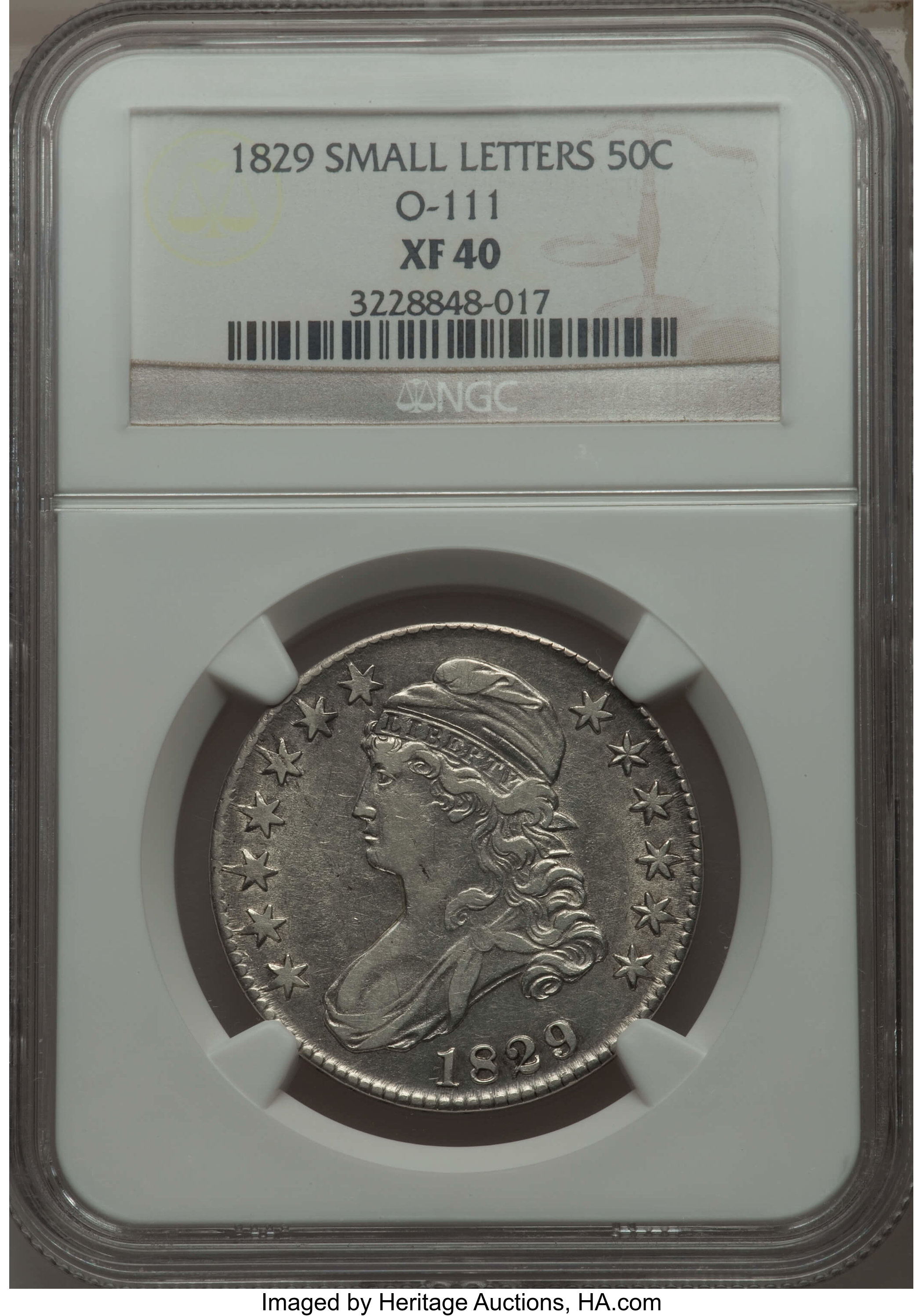 image for: 1829 50C Small Letters, O-111, R.2, XF40 NGC. NGC Census: (0/0). PCGS Population (0/7). Mintage: 3,712,156. ...