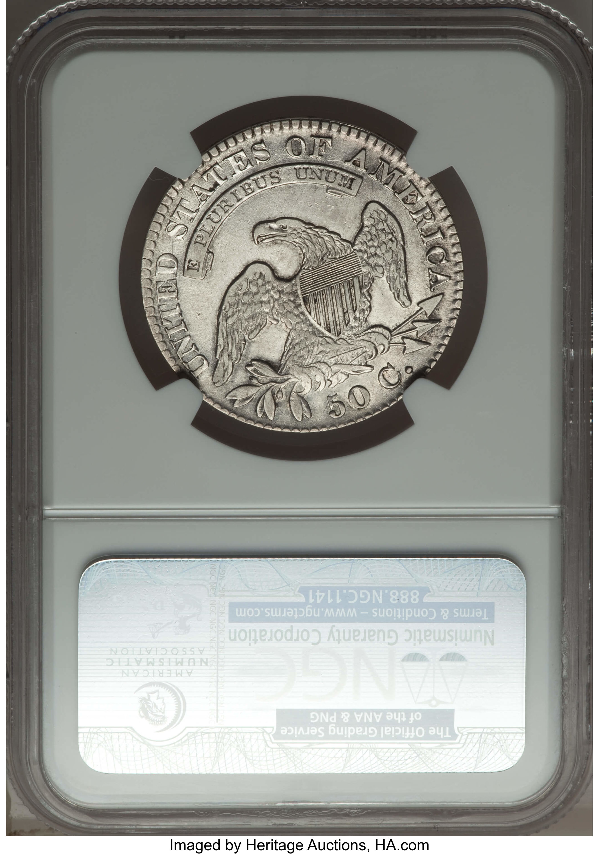 image for: 1829 50C Small Letters, O-111, R.2, XF40 NGC. NGC Census: (0/0). PCGS Population (0/7). Mintage: 3,712,156. ...