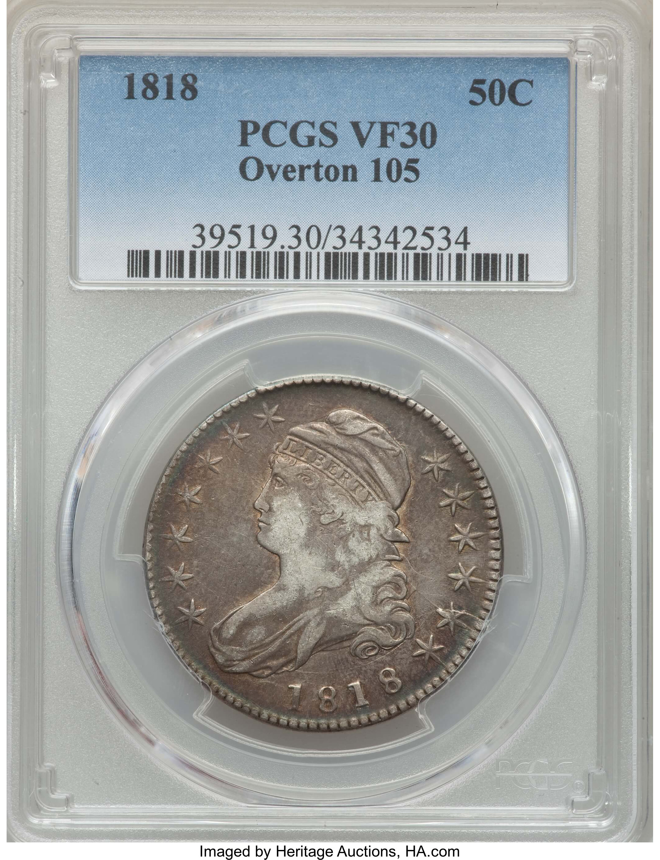 image for: 1818 50C O-105, R.3, VF30 PCGS. PCGS Population: (1/10). NGC Census: (1/5).  Mintage 1,960,322. ...