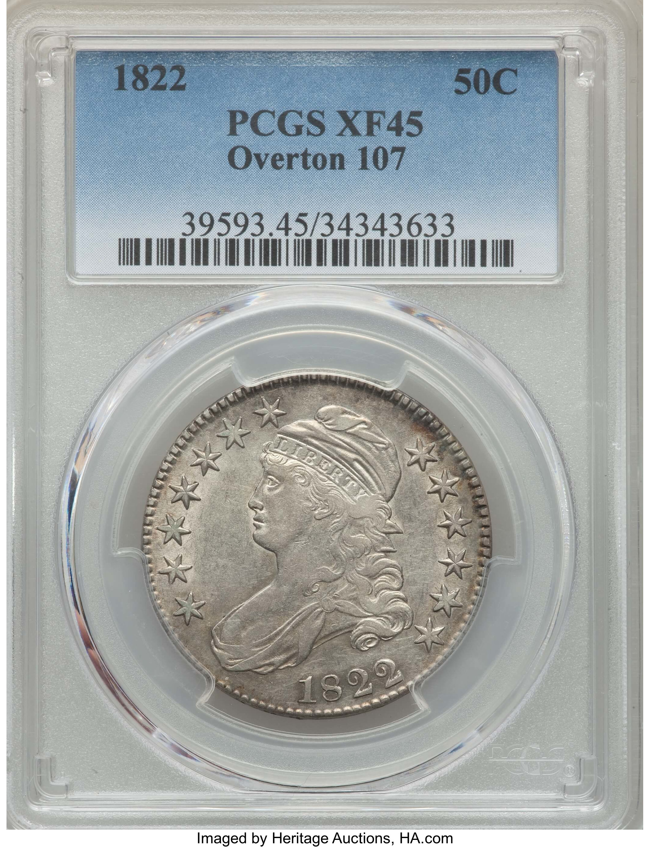 image for: 1822 50C O-107, R.2, XF45 PCGS. PCGS Population: (3/7). NGC Census: (2/6). XF45. Mintage 1,559,573. ...