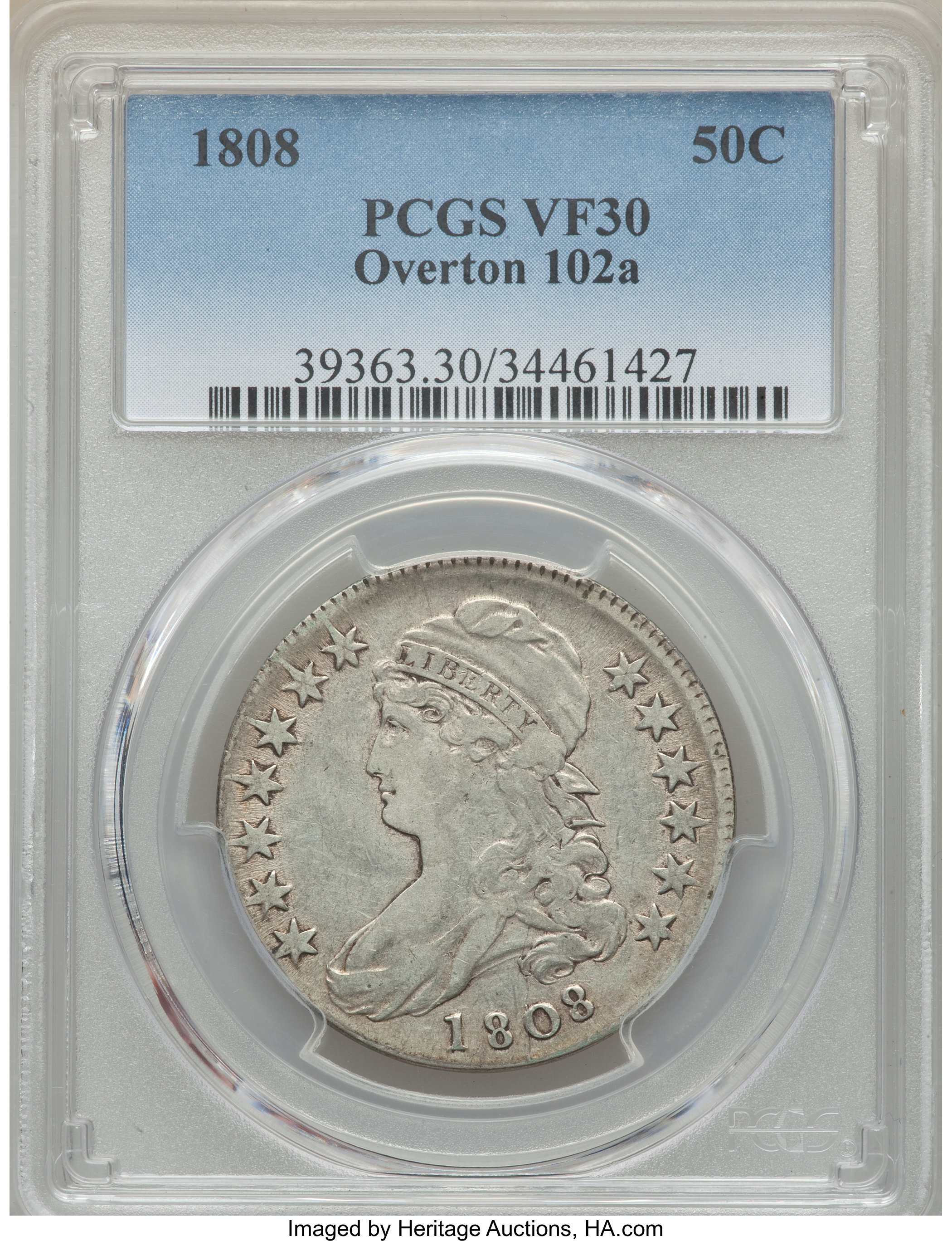 image for: 1808 50C O-102a, R.2, VF30 PCGS. PCGS Population: (2/13). NGC Census: (3/15).  Mintage 1,368,600. ...