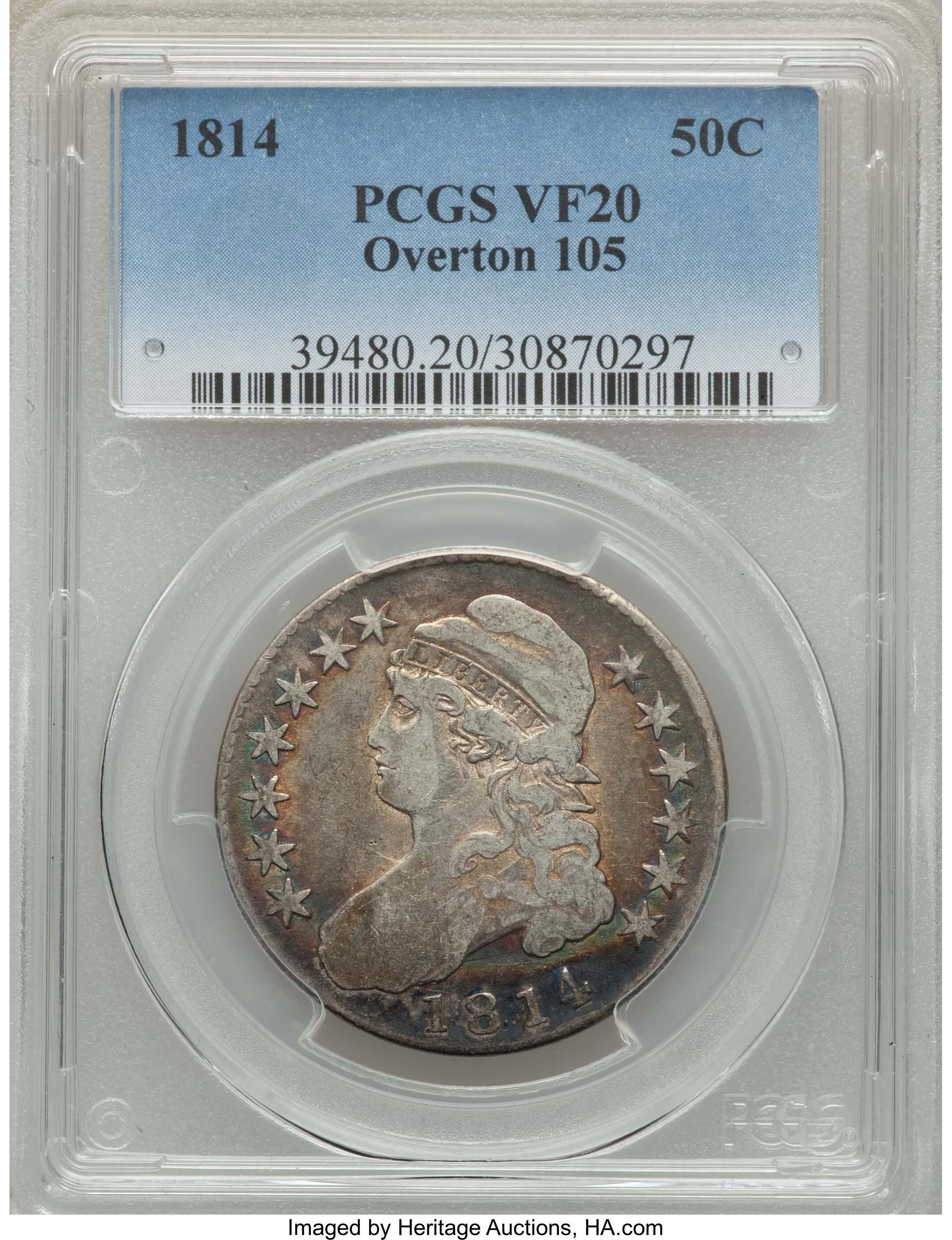 image for: 1814 50C O-105, R.2, VF20 PCGS. PCGS Population: (1/15). NGC Census: (0/21). VF20. Mintage 1,000,000. ...