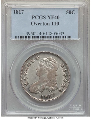 image for: 1817 50C O-110, R.2, XF40 PCGS. PCGS Population: (4/15). NGC Census: (1/13). XF40. Mintage 1,215,567. ...