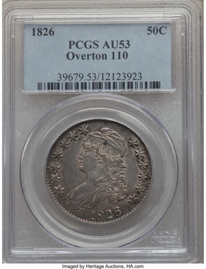 image for: 1826 50C O-110, R.2, AU53 PCGS. PCGS Population: (2/7). NGC Census: (2/19). AU53. Mintage 4,000,000. ...
