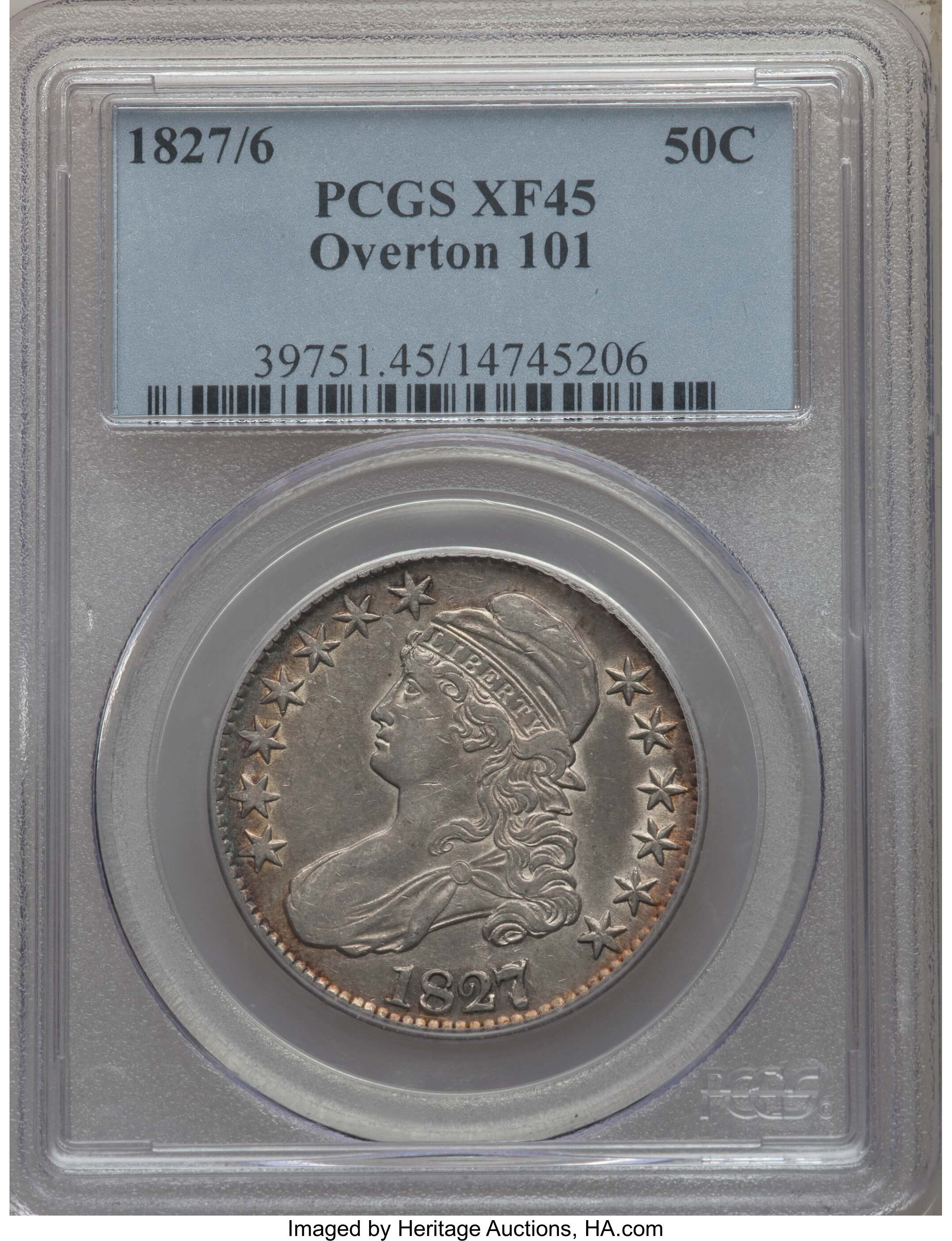 image for: 1827/6 50C O-101, R.2, XF45 PCGS. PCGS Population: (4/12). NGC Census: (4/22). XF45. Mintage 5,493,400. ...