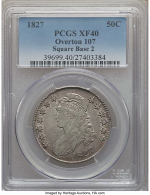 image for: 1827 50C Square Base 2, O-107, R.3, XF40 PCGS. PCGS Population: (5/7). NGC Census: (3/12). XF40. Mintage 5,493,400. ...