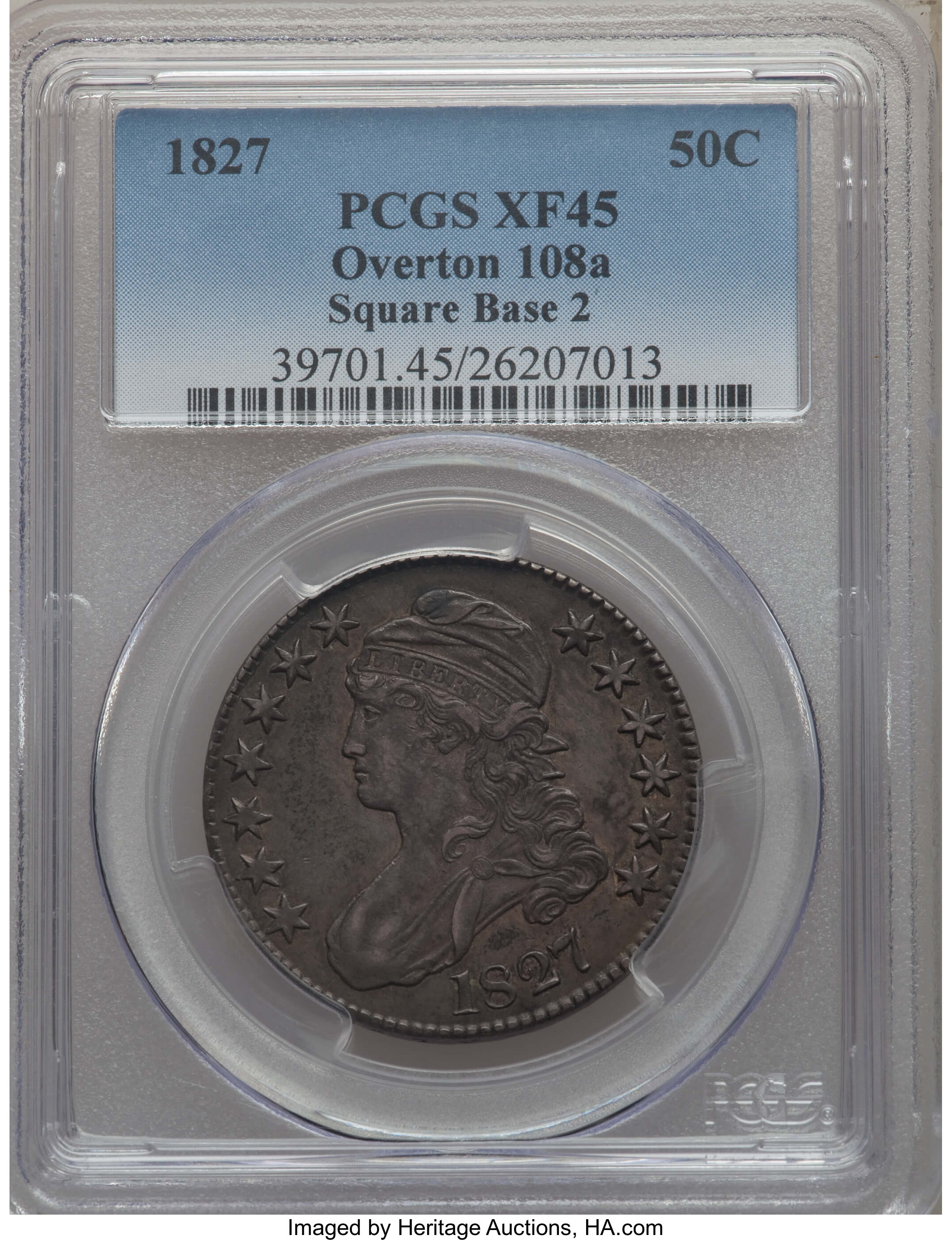 image for: 1827 50C Square Base 2, O-108a, Low R.4, XF45 PCGS. PCGS Population: (4/3). NGC Census: (3/3). XF45. Mintage 5,493,400. ...
