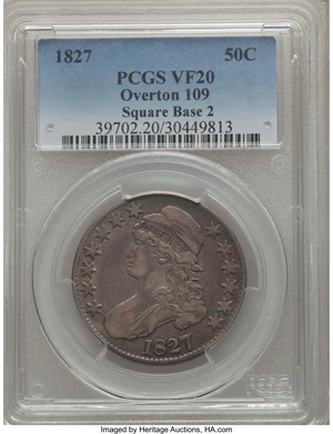 image for: 1827 50C Square Base 2, O-109, Low R.4, VF20 PCGS. PCGS Population: (1/12). NGC Census: (0/14). VF20. Mintage 5,493,400. ...