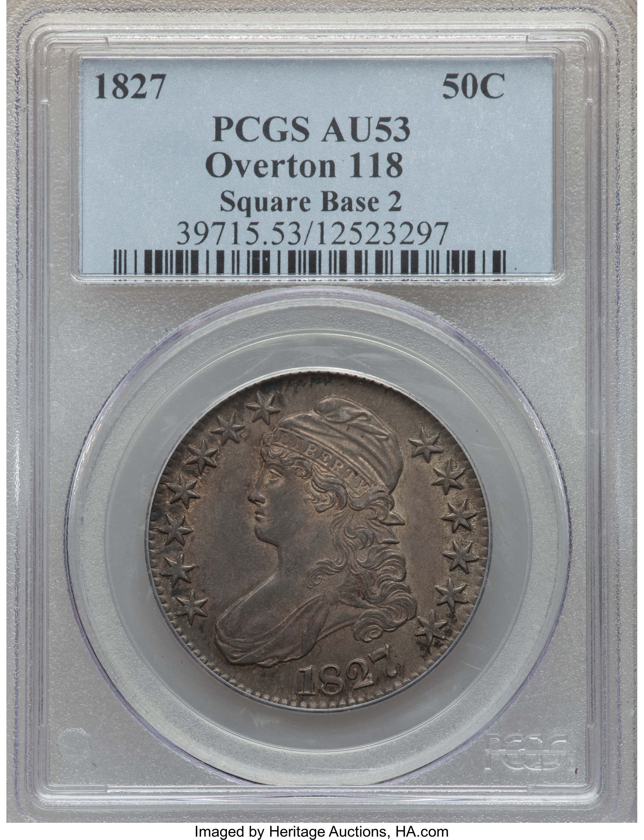 image for: 1827 50C Square Base 2, O-118, R.3, AU53 PCGS. PCGS Population: (2/4). NGC Census: (1/6). AU53. Mintage 5,493,400. ...