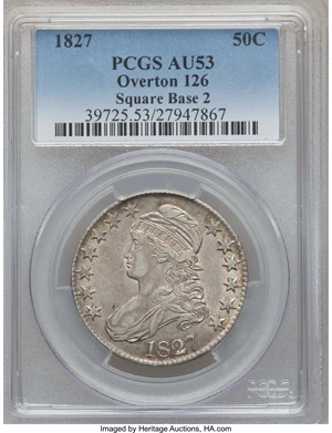image for: 1827 50C Square Base 2, O-126, R.2, AU53 PCGS. PCGS Population: (3/5). NGC Census: (2/4). AU53. Mintage 5,493,400. ...