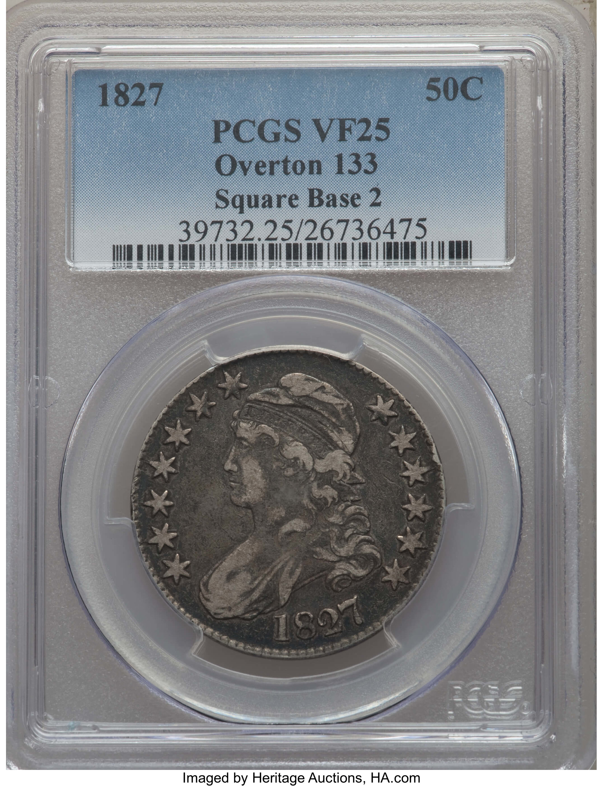 image for: 1827 50C Square Base 2, O-133, R.4, VF25 PCGS. PCGS Population: (1/14). NGC Census: (0/12).  Mintage 5,493,400. ...