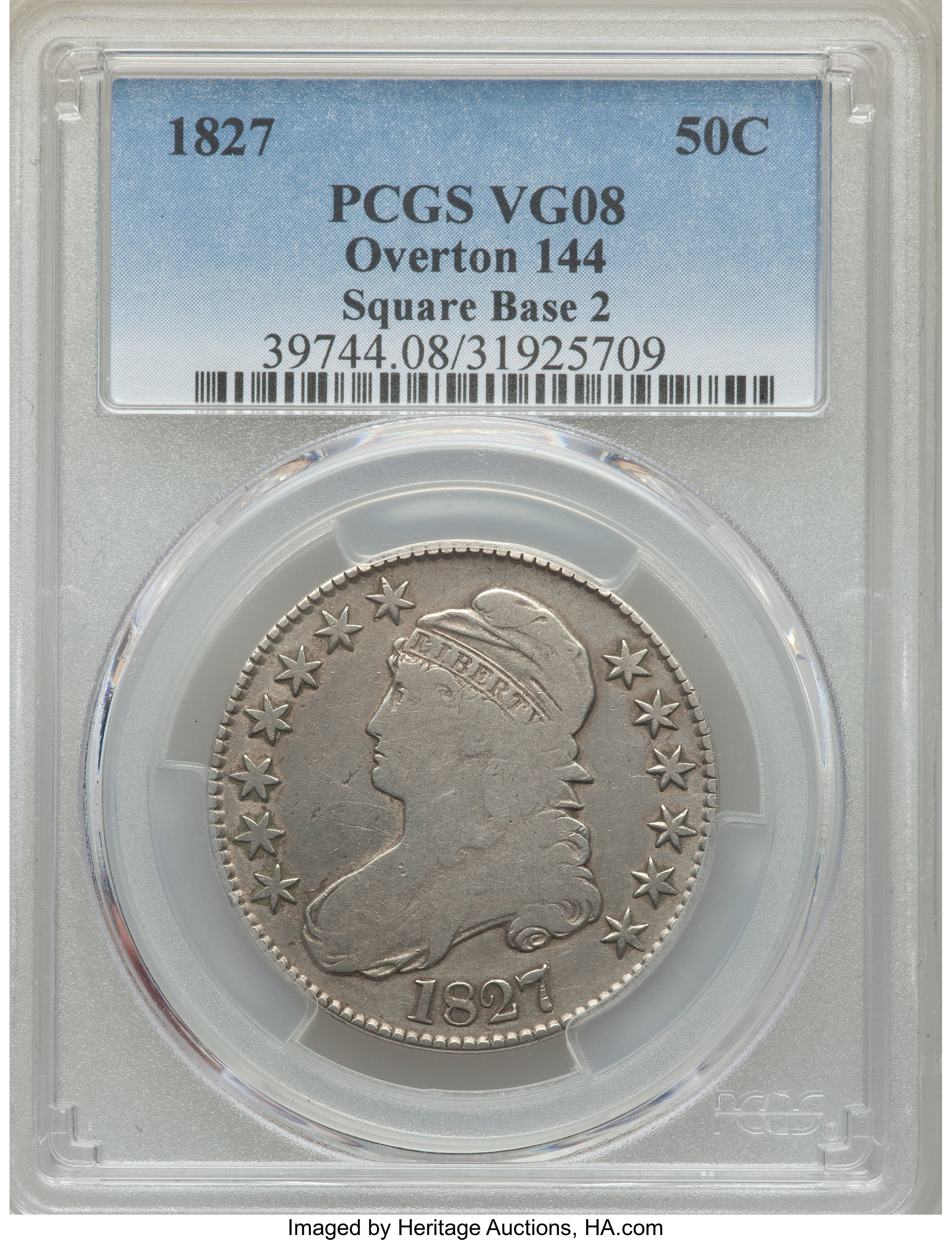 image for: 1827 50C Square Base 2, O-144, High R.5, VG8 PCGS. PCGS Population: (3/14). NGC Census: (0/4). VG8 . Mintage 5,493,400. ...