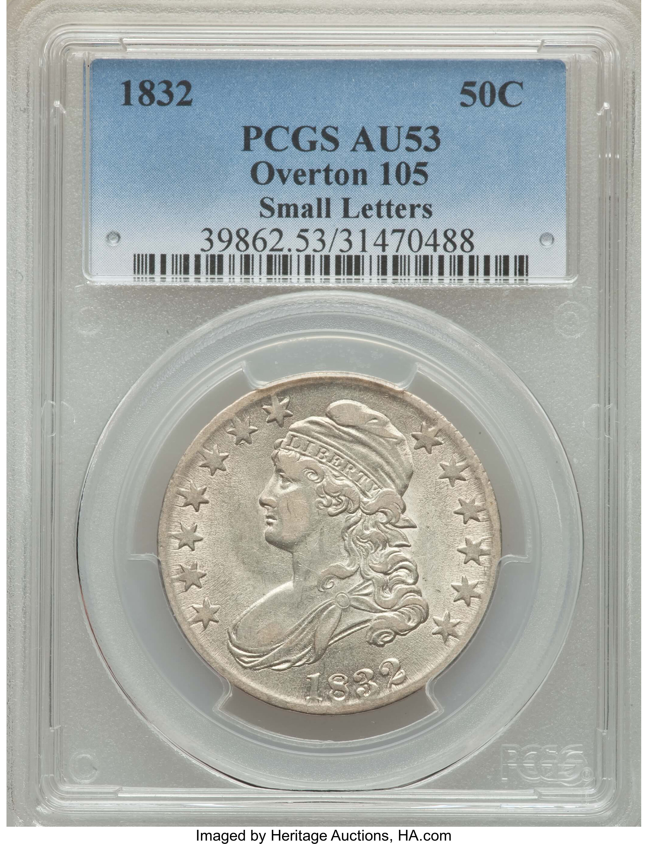image for: 1832 50C Small Letters, O-105, R.3, AU53 PCGS. PCGS Population: (1/4). NGC Census: (1/3). AU53. Mintage 4,797,000. ...