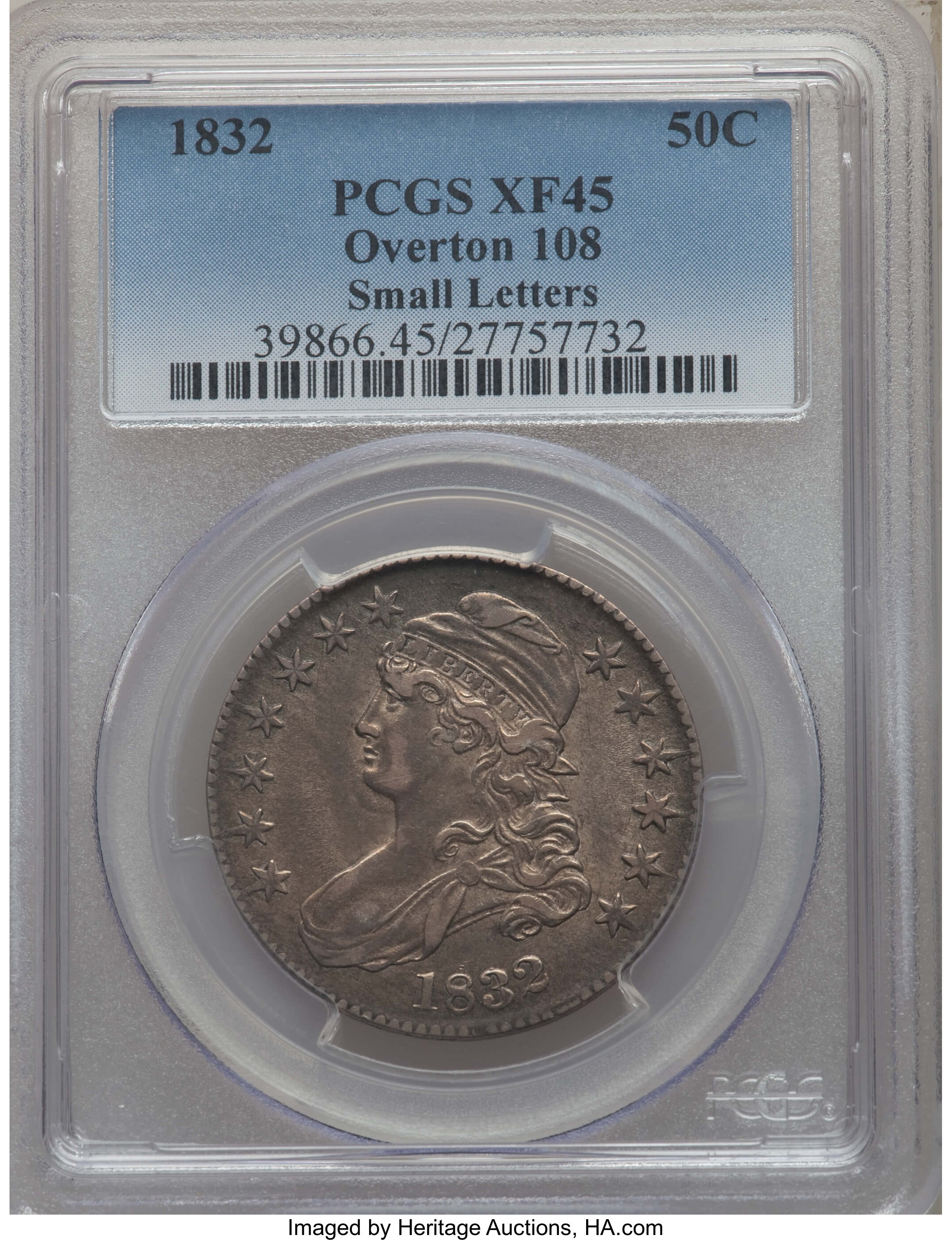 image for: 1832 50C Small Letters, O-108, R.3, XF45 PCGS. PCGS Population: (2/3). NGC Census: (1/8). XF45. Mintage 4,797,000. ...