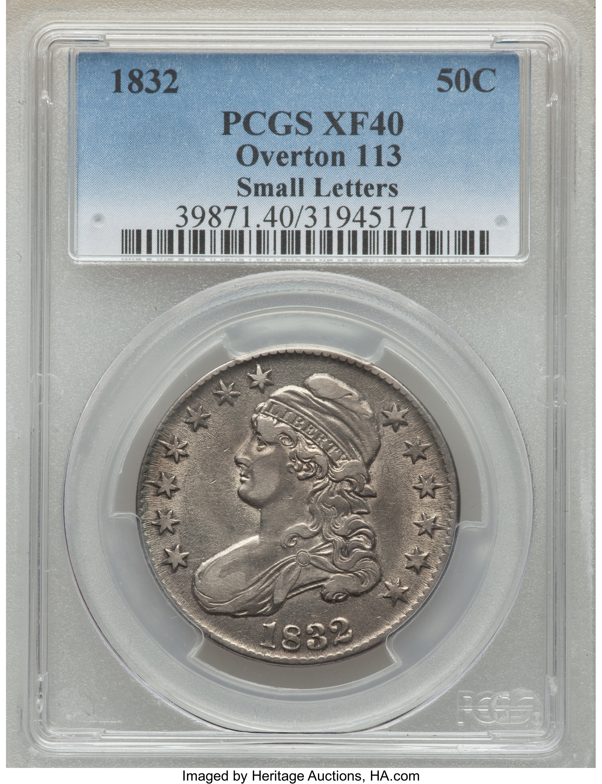 image for: 1832 50C Small Letters, O-113, R.2, XF40 PCGS. PCGS Population: (1/7). NGC Census: (1/15). XF40. Mintage 4,797,000. ...