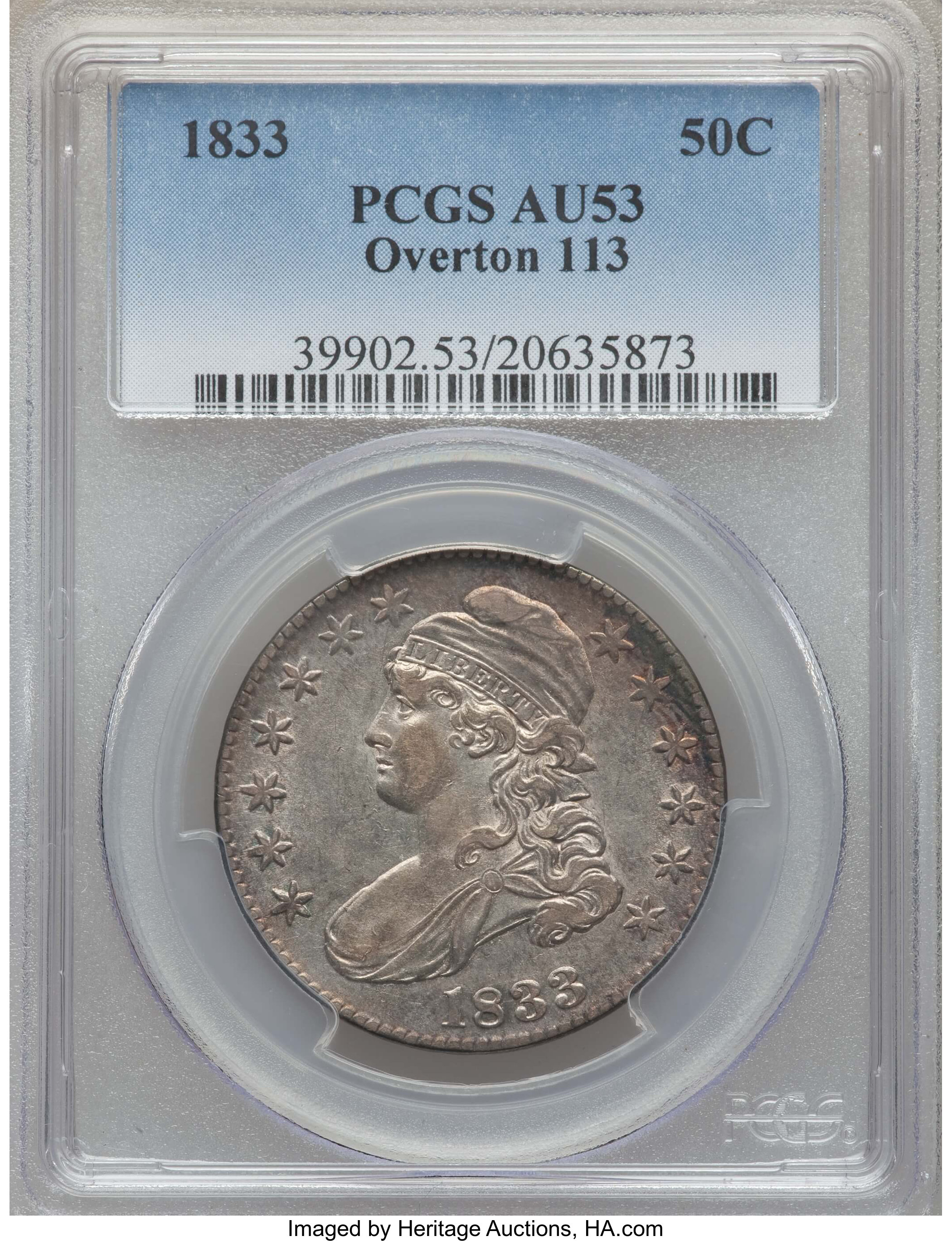 image for: 1833 50C O-113, R.2, AU53 PCGS. PCGS Population: (3/4). NGC Census: (3/7). AU53. Mintage 5,206,000. ...