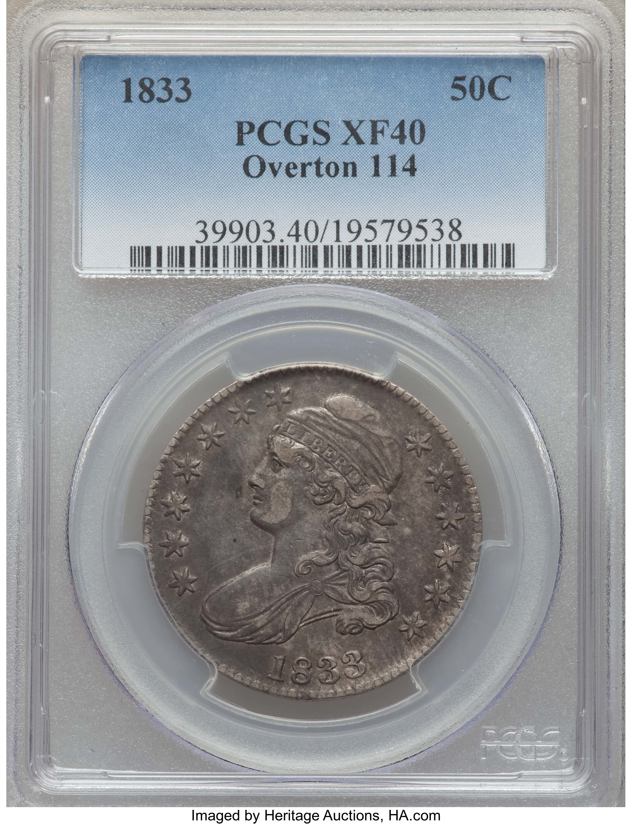 image for: 1833 50C O-114, R.2, XF40 PCGS. PCGS Population: (4/13). NGC Census: (4/18). XF40. ...