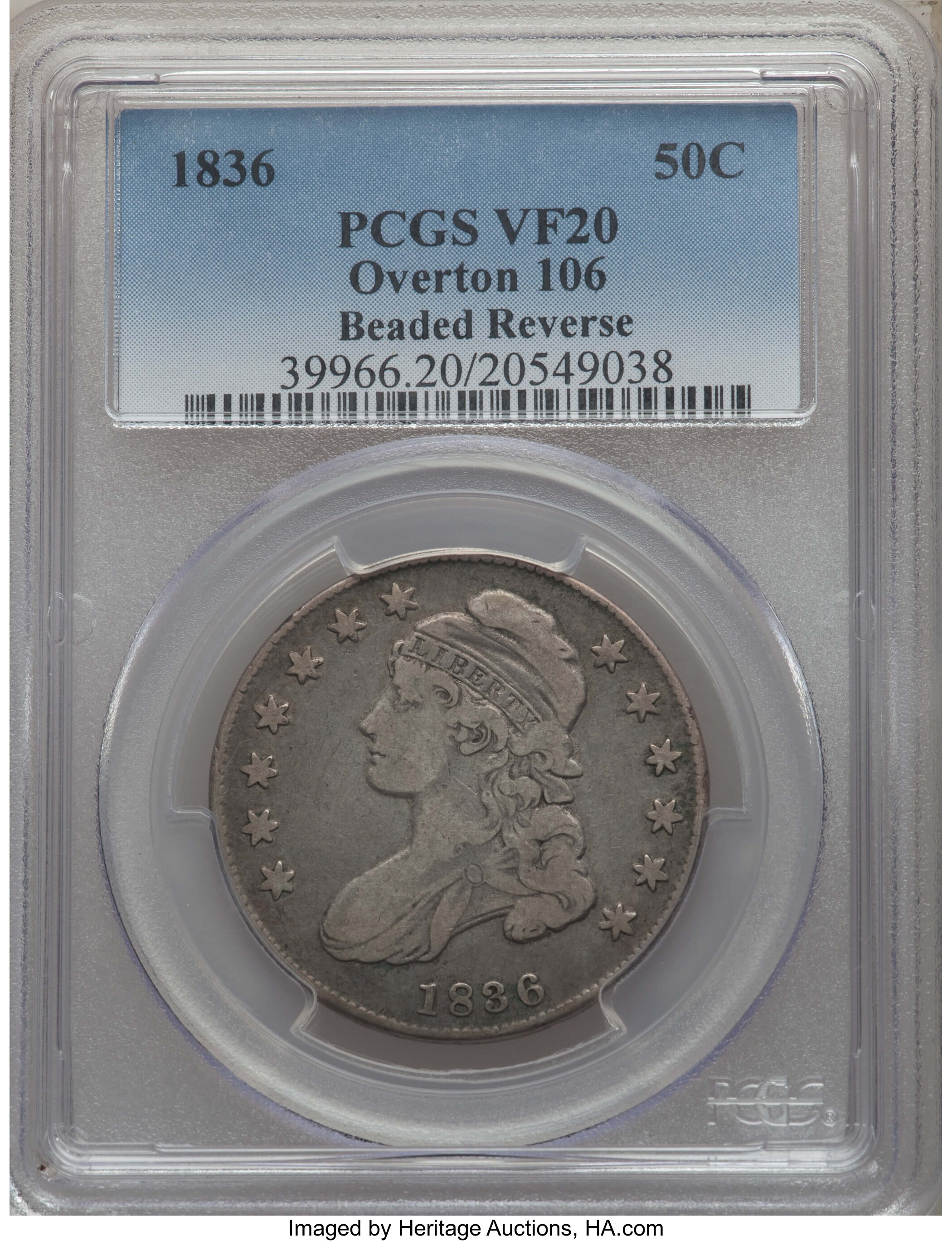 image for: 1836 50C Beaded Reverse, O-106, R.1, VF20 PCGS. PCGS Population: (2/37). NGC Census: (0/20). VF20. ...