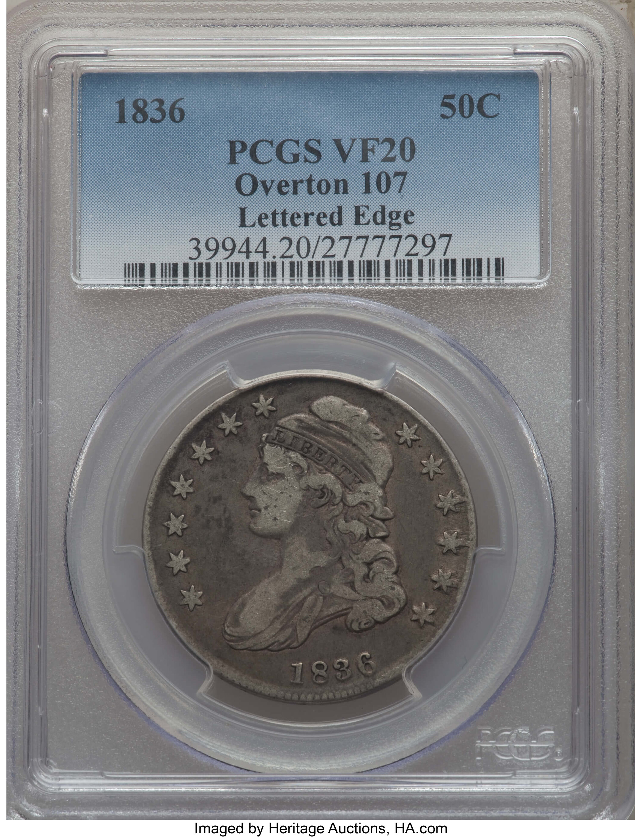 image for: 1836 50C Lettered Edge, O-107, R.4, VF20 PCGS. PCGS Population: (1/18). NGC Census: (0/12). VF20. Mintage 6,545,000. ...