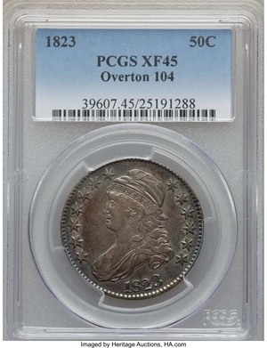 image for: 1823 50C O-104, R.3, XF45 PCGS. PCGS Population: (4/14). NGC Census: (1/19). XF45. Mintage 1,694,200. ...
