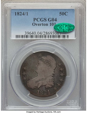 image for: 1824/1 50C O-101, R.2, Good 4 PCGS. CAC. PCGS Population: (2/17). NGC Census: (0/22). Good 4 . ...