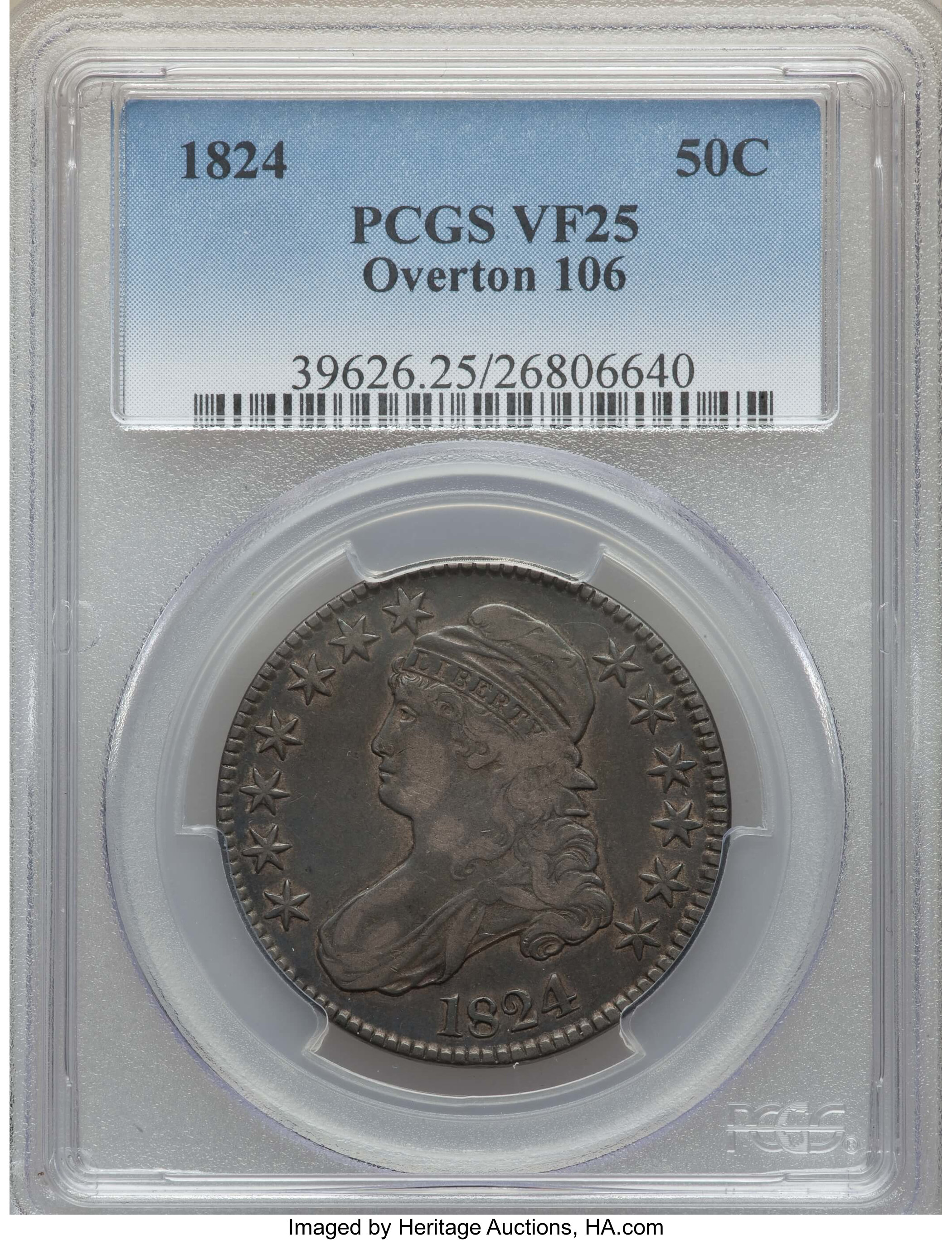 image for: 1824 50C O-106, R.3, VF25 PCGS. PCGS Population: (1/6). NGC Census: (1/11).  Mintage 3,504,954. ...