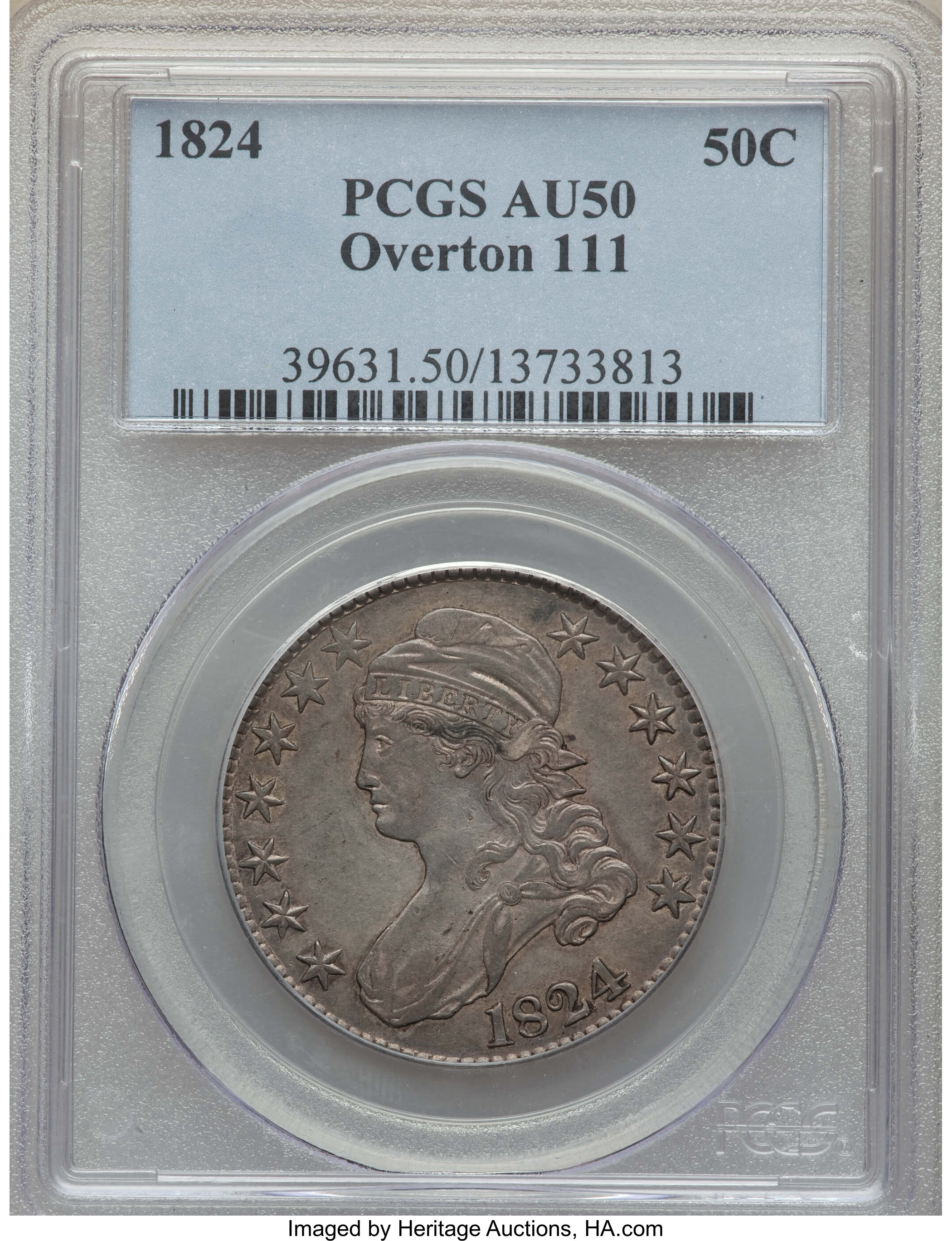 image for: 1824 50C O-111, R.2, AU50 PCGS. PCGS Population: (3/6). NGC Census: (4/18). AU50. Mintage 3,504,954. ...