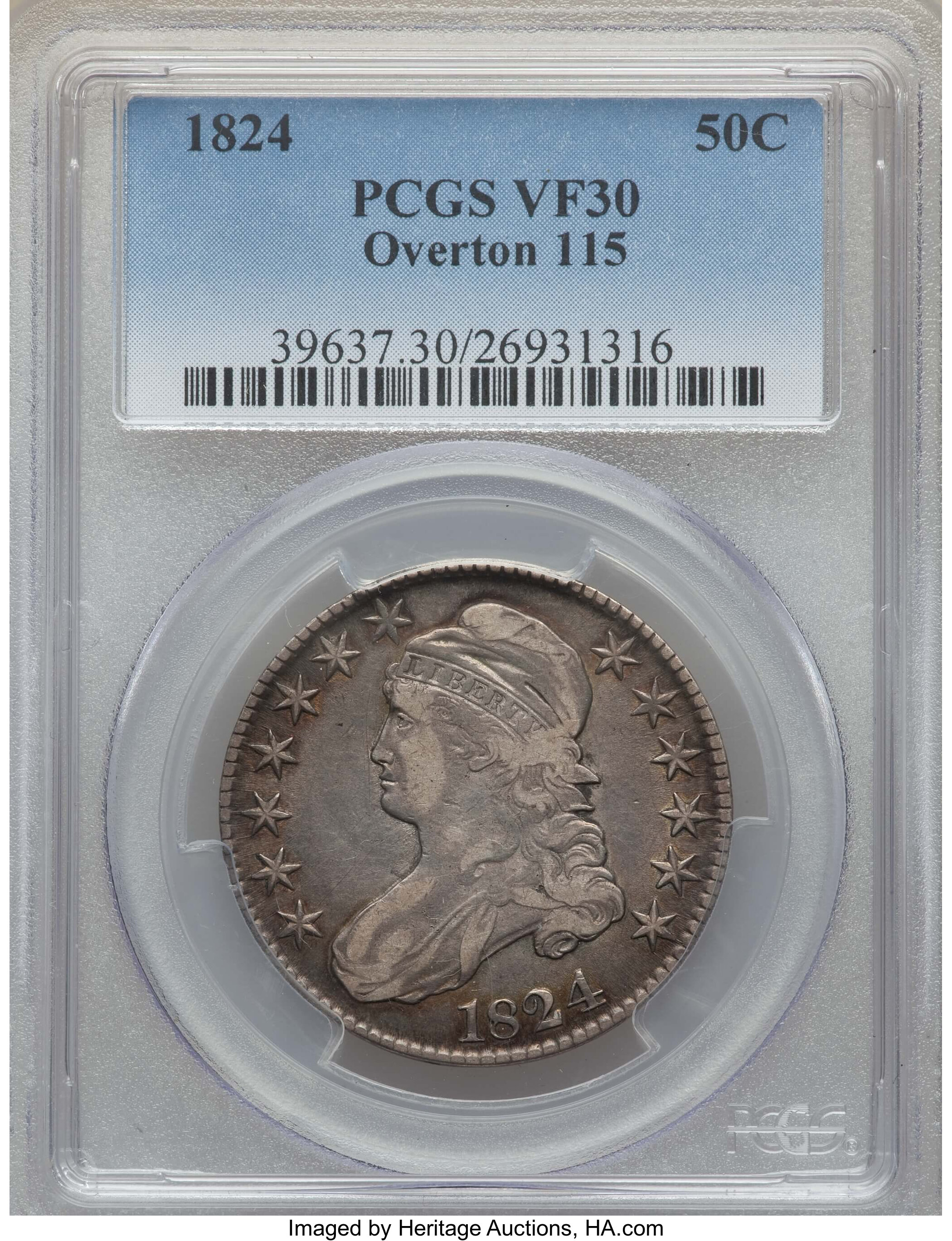 image for: 1824 50C O-115, R.2, VF30 PCGS. PCGS Population: (1/18). NGC Census: (3/28).  ...
