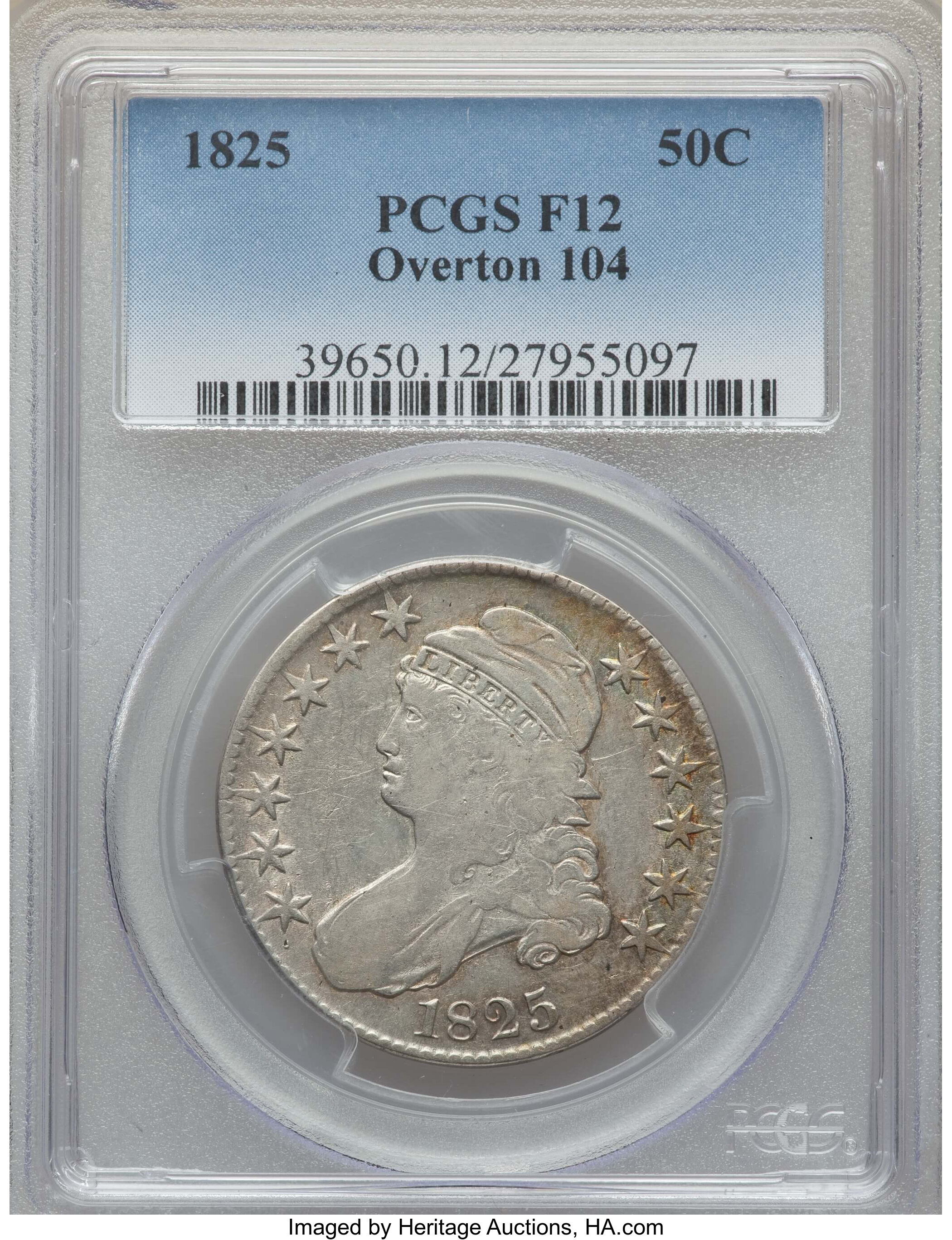 image for: 1825 50C O-104, High R.4, Fine 12 PCGS. PCGS Population: (1/14). NGC Census: (0/6). Fine 12. Mintage 2,900,000. ...